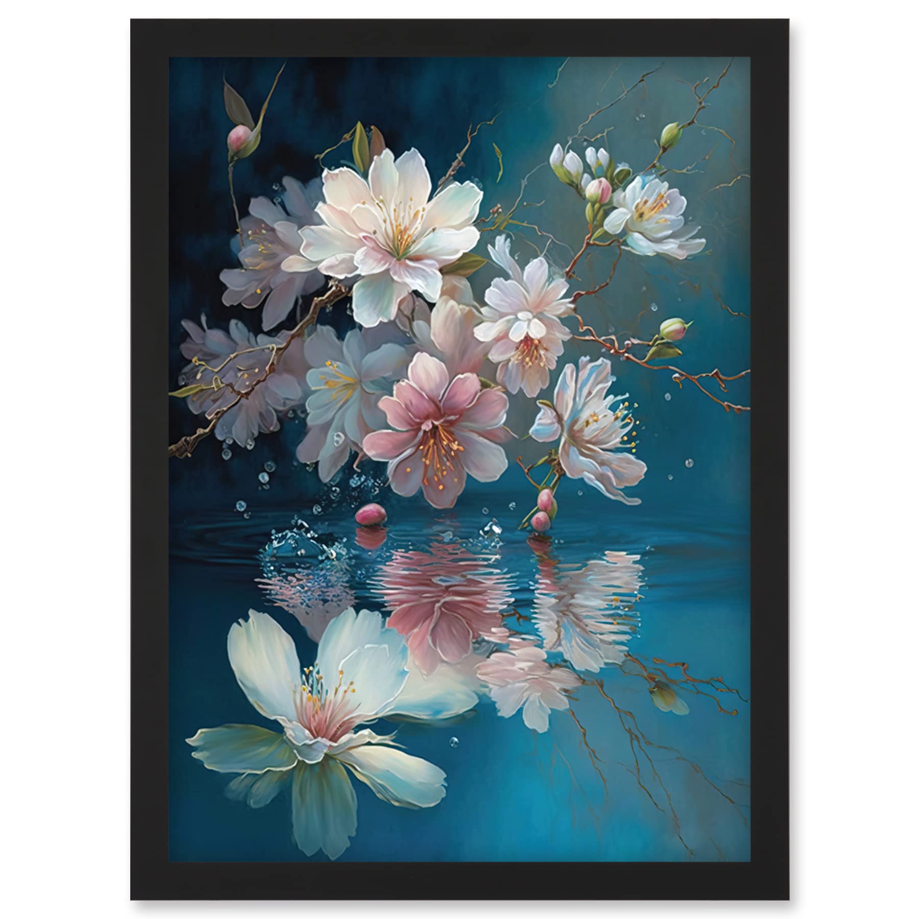 Cherry Blossom Branch Watercolour Painting - Framed Wall Art Print A4 - Artery8