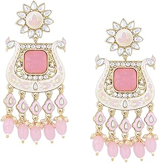 Zaveri Pearls Pink White Meenakari Peacock Inspired Kundan Dangle & Drop Earrings For Women-ZPFK15646 Price In India