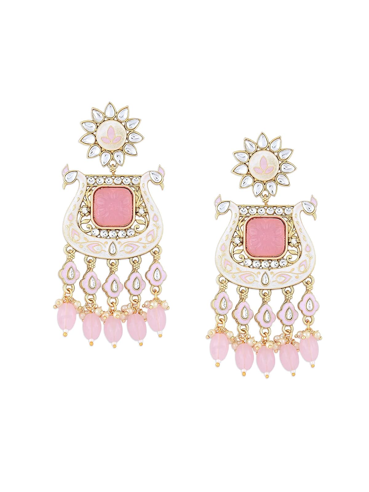 Zaveri Pearls Pink White Meenakari Peacock Inspired Kundan Dangle & Drop