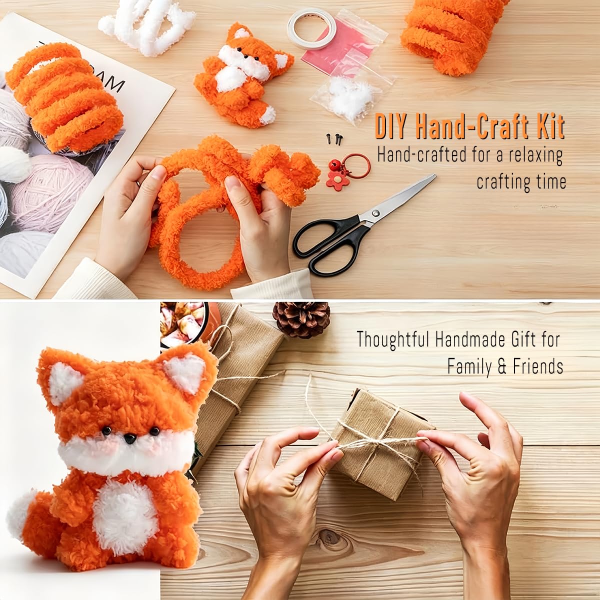 Pipe Cleaners Thick Chenille Stems DIY Craft Kit, Handmade Fuzzy Fox Backpack Keychain Pendant Making Supplies, Step-by-Step Tutorials for Adult Beginner Handcraft Decor Gifts