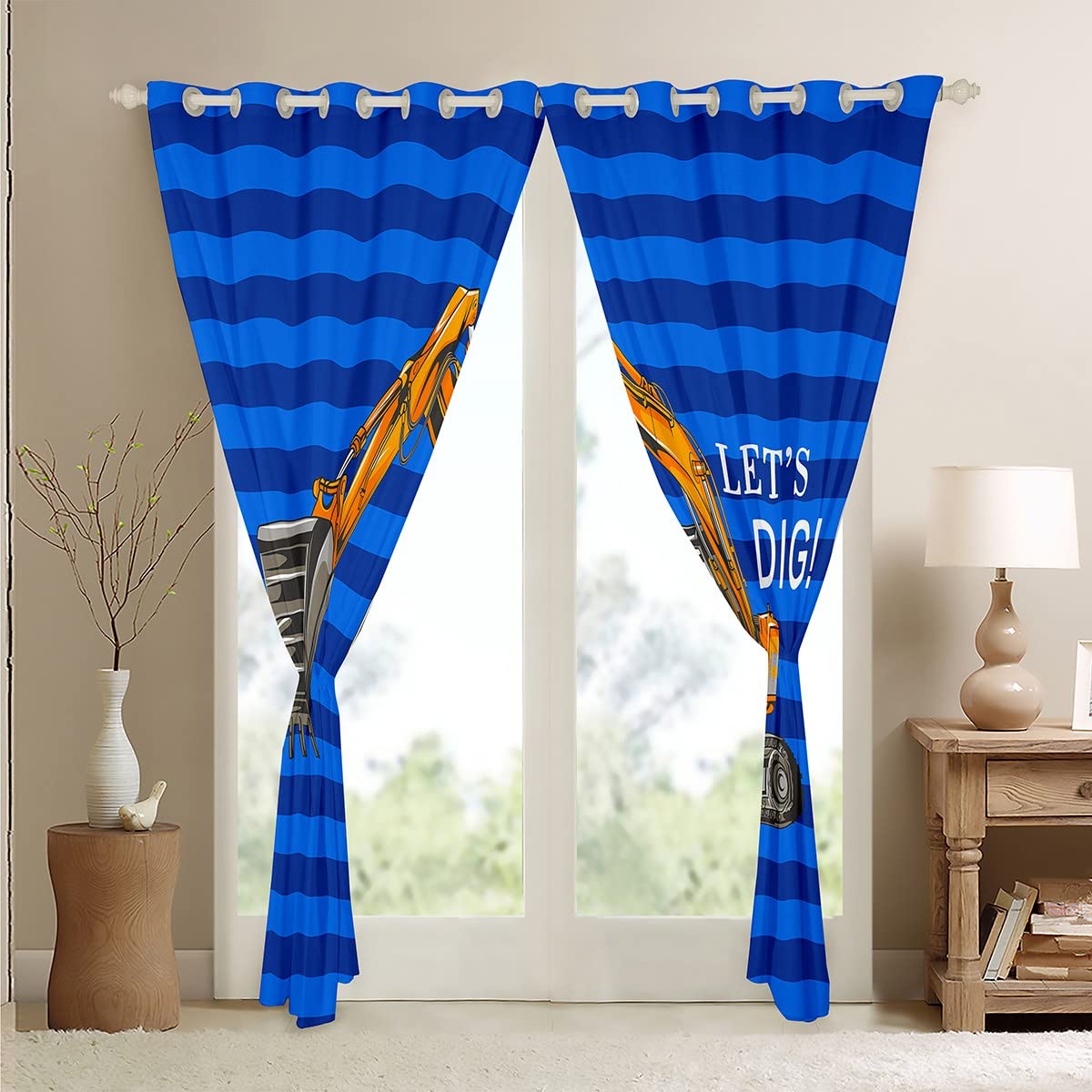 Excavadora para niños, Cortinas de construcción, Camiones, Cortinas de Ventana, Rayas Azul Oscuro, Naranja, Coches, Cortinas de Ventana para Dormitorio, Sala de Estar, maquinaria Pesada, tratamientos
