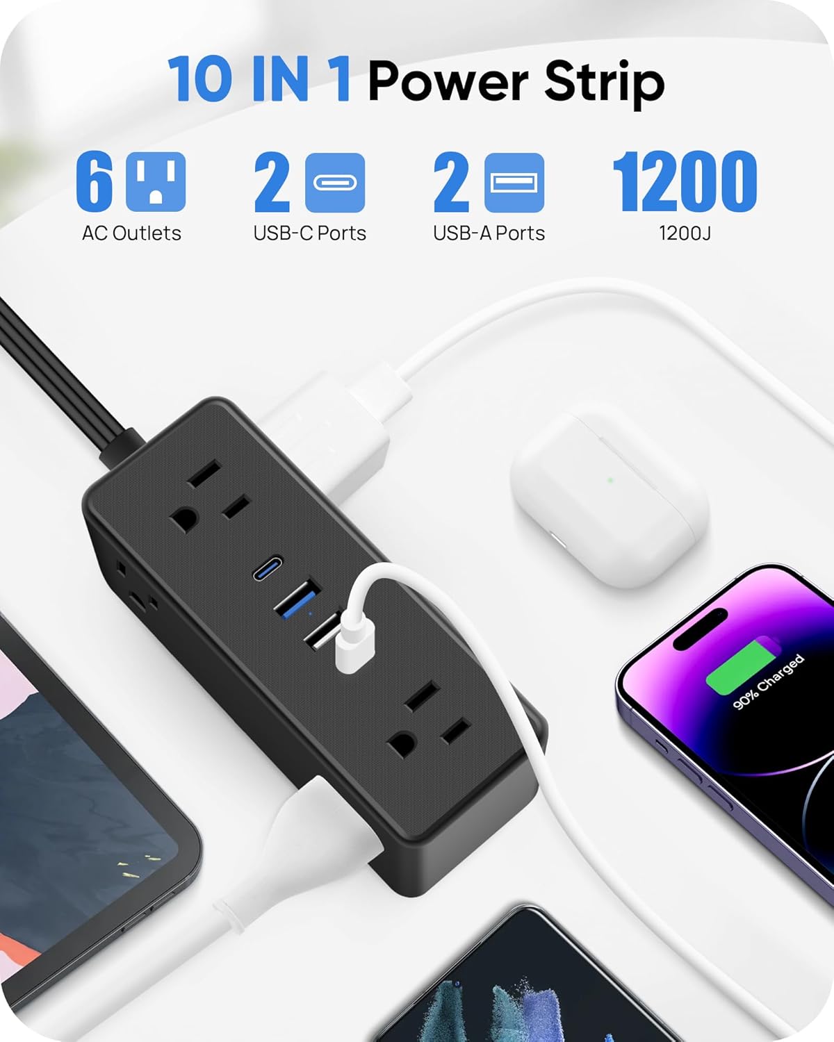 Flat Plug Outlet Extender 19 in - Flexible Extension Cord, Multi Plug Wall Outlet Splitter Surge Protector, 6 AC 4 USB, Mountable Power Strip for Hard Reach Socket in Bedroom Home Office, Black