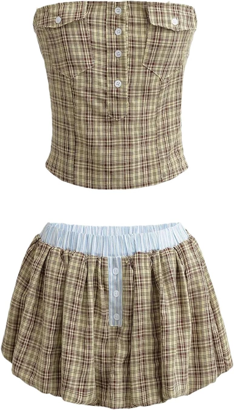 Women's Plaid Set - Low Back Mini Dress & Bubble Hem Skirt