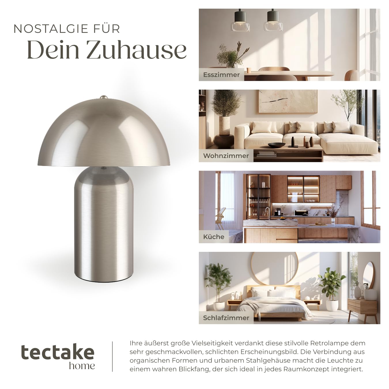 tectake® Tischlampe Vintage Pilzform, Pilzlampe Dekolampe, Tischleuchte, Leselampe, Nachtlicht, Lampe Wohnzimmer, Table Lamp, kleine Lampe, Tischlampe retro, kabellos- Nickel matt
