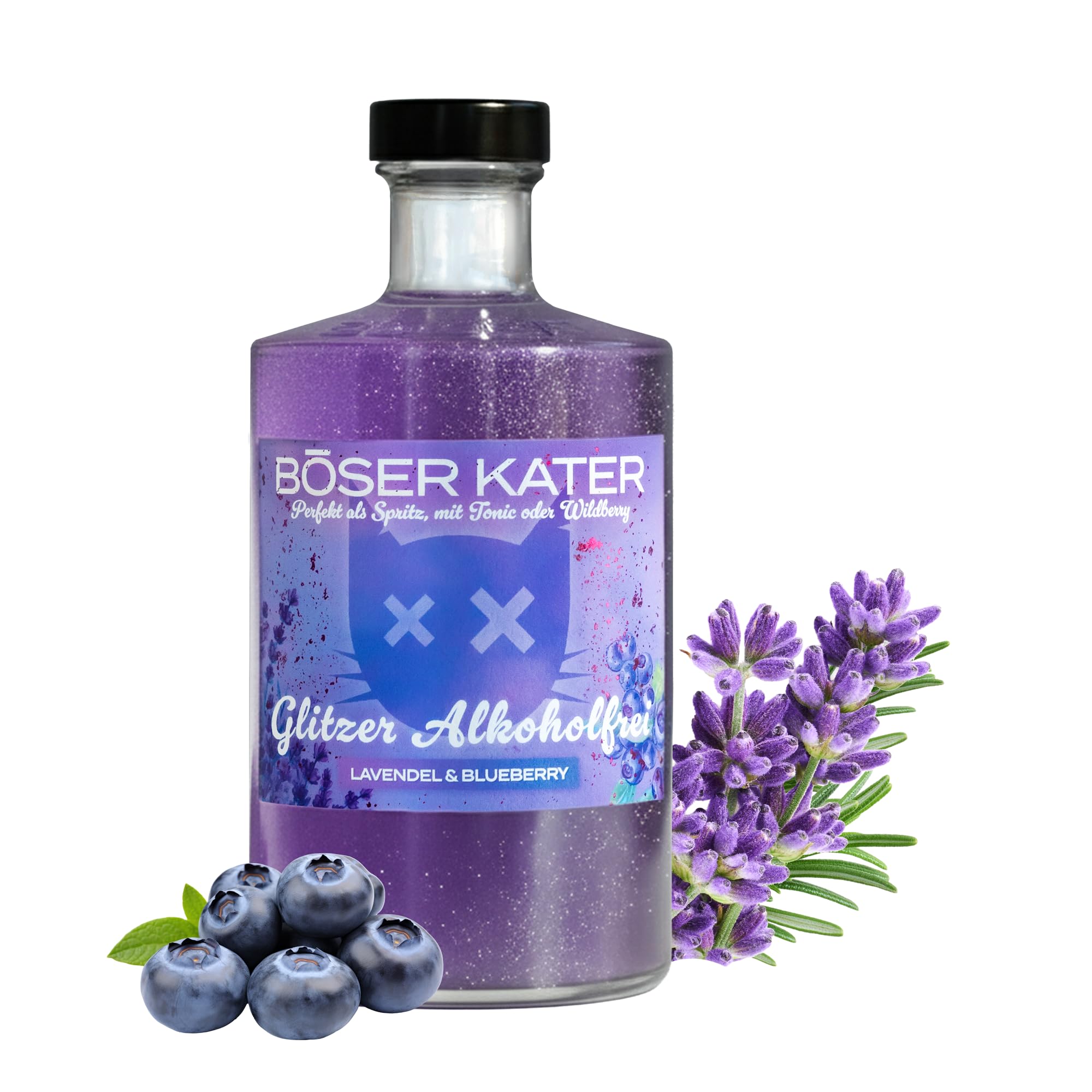 BÖSER KATER Lavendel & Blueberry Alkoholfrei | Glitzer Spritz Cocktail Aperitif | Das perfekte Geschenk | Ideal für alkoholfreien Genuss ohne Kompromiss | Nur 41 kcal - 0,5l