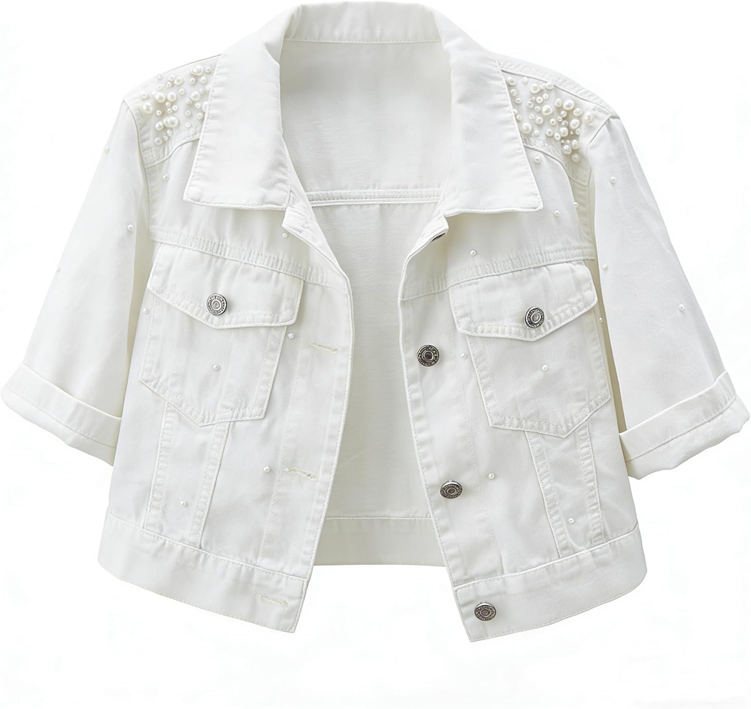 LifeShe Women's Pearls Denim Jacket 3/4 Sleeve Cropped Rhinestones Jean Jackets Trucker Coat