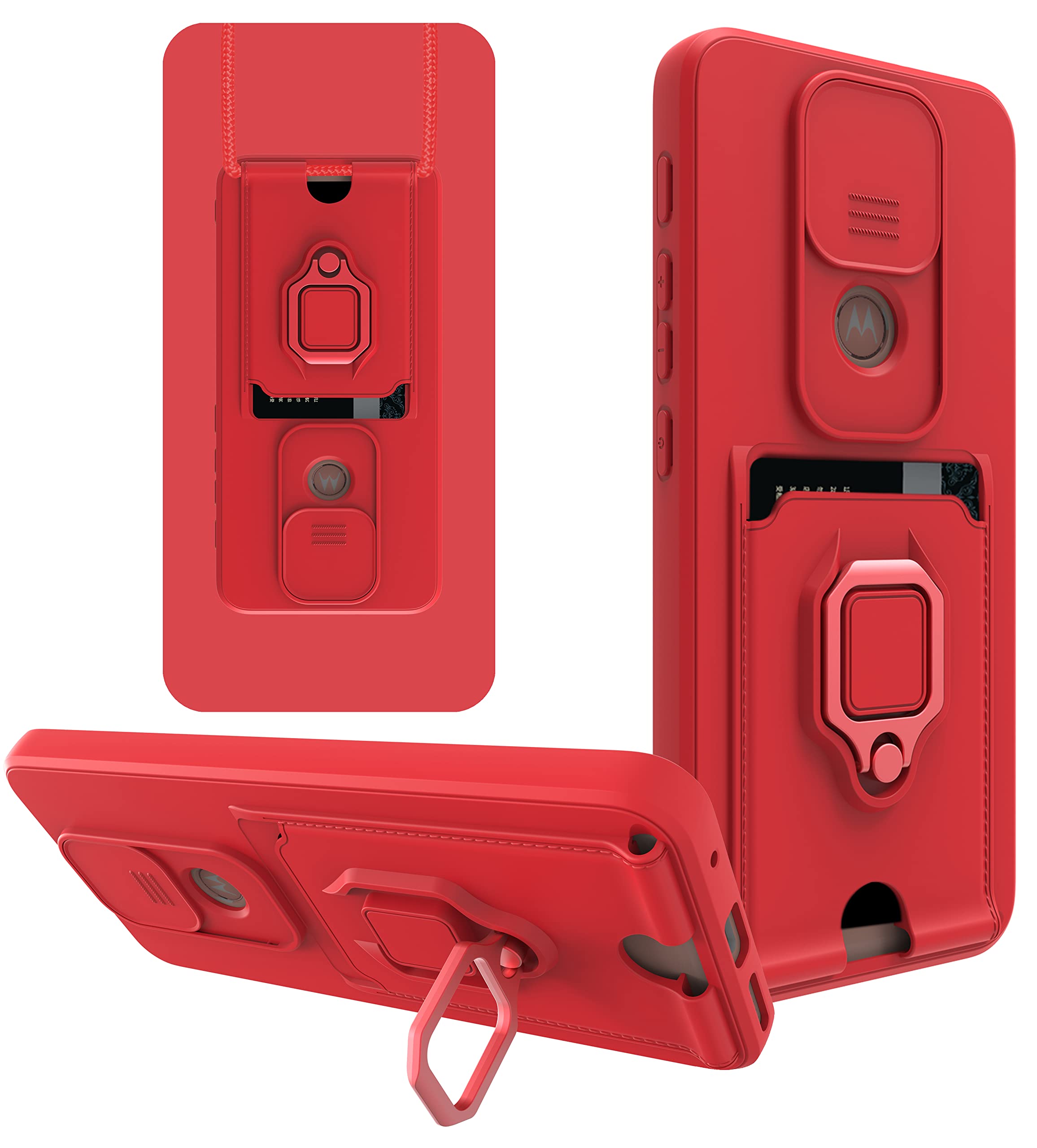 Shinycase Red For Motorola Moto G9 Cover Silicone Premium Bumper Case With Slide Camera Cover And Ring Kickstand Card Slot Lanyard Silicone Tpu Shockproof Phone Case For Motorola G9,Moto G9 Play,