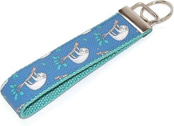 Sloth Keychain Blue Fabric Wristlet Key Fob