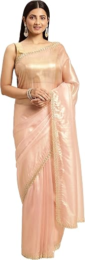 MOHEY Women's Organza Hand Embroidered Zardosi Saree with Blouse Piece