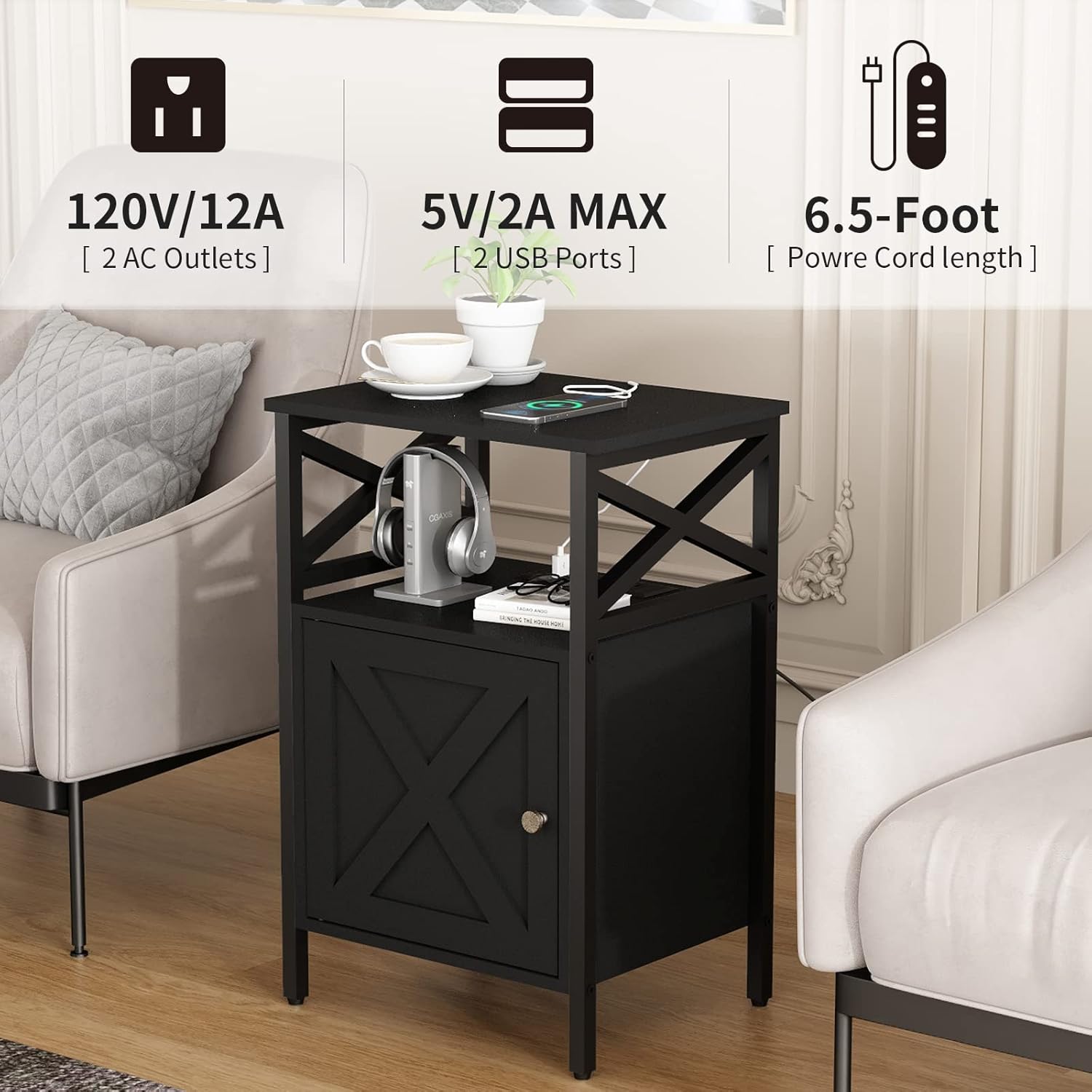 End Table with Charging Station, Side Table with Power Outlet & USB Ports, Nightstand with 2 Tiers Storage Space and Storage Cabinet, Sofa Side Tables for Bedroom, Living Room,Office, Black