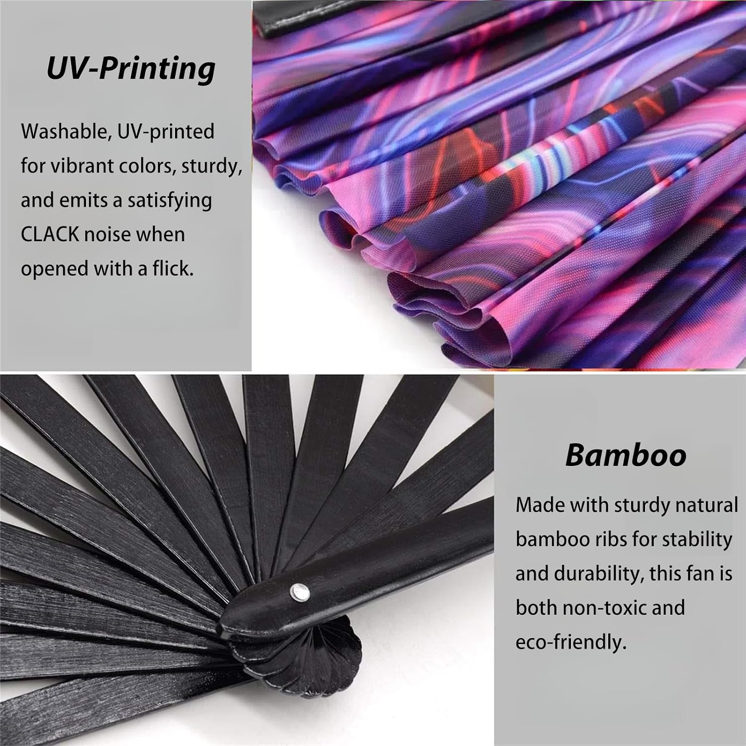 13‘’ UV Glow Large Rave Fan for Men Women, Popping Fan for Line Dancing, Decorative Folding Hand Fan for Party, Home Decoration, Gift, Music Festival Essential, EDM Rave Accessories (Waves2) image 4