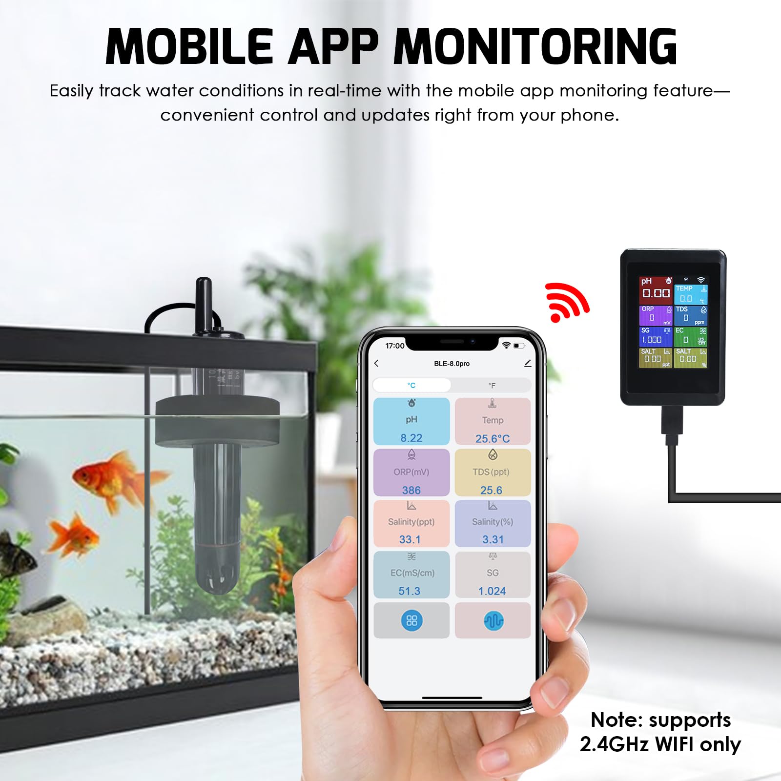 Inteligentne WLAN-pH-Messgerät, 8-in-1-Wasserqualitätstester for Hydroponik, Aquarian i Pools, misst pH, EC, TDS, Salzgehalt, ORP, SG i Temperatur dla App-Steuerung.