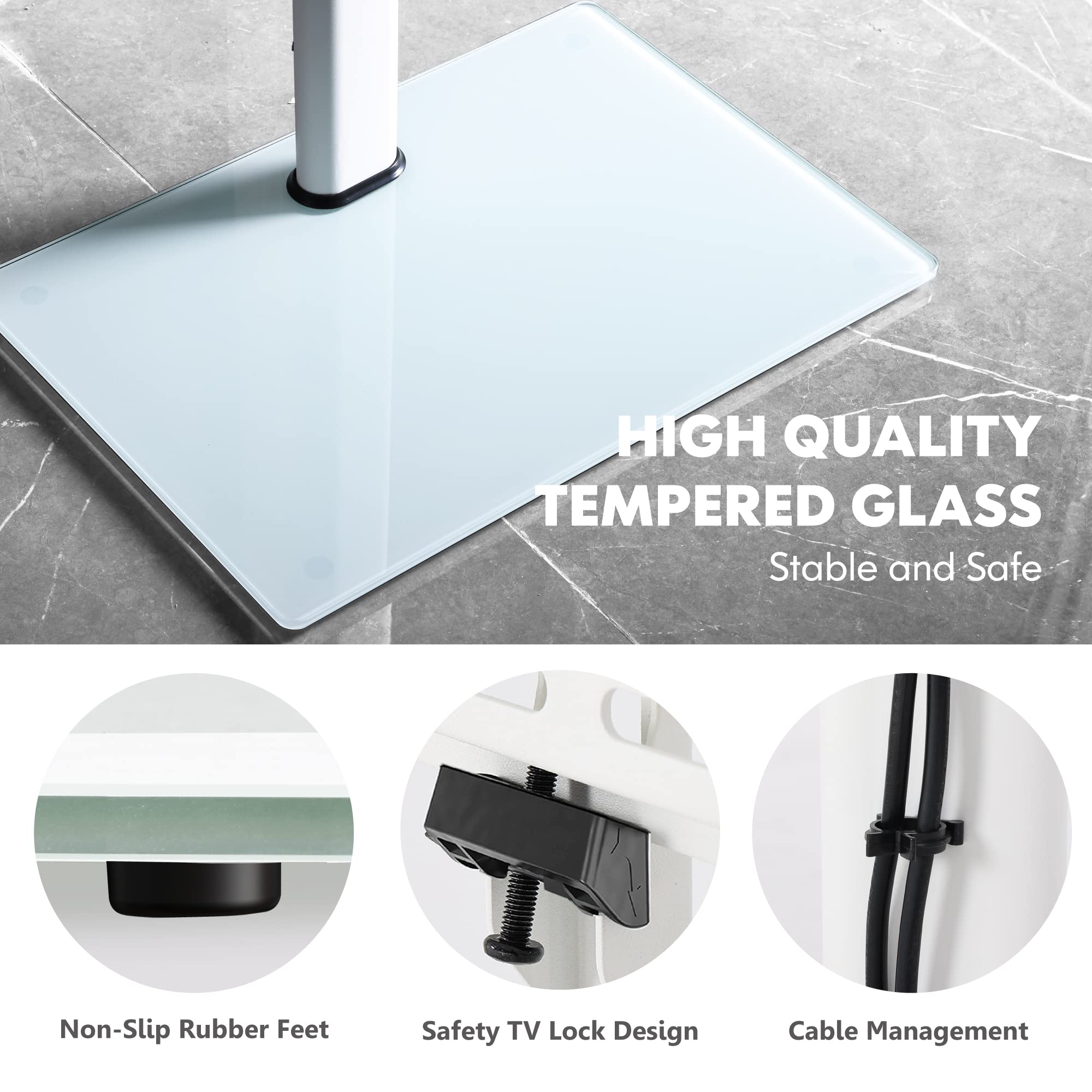 FITUEYES Supporto TV da Pavimento per 32-60 Pollici, 70° Girevole e 8 Altezza Porta TV da Terra con 8 mm Vetro Temperato & 3 Ripiani, Max VESA 600x400mm 30kg (Bianco)