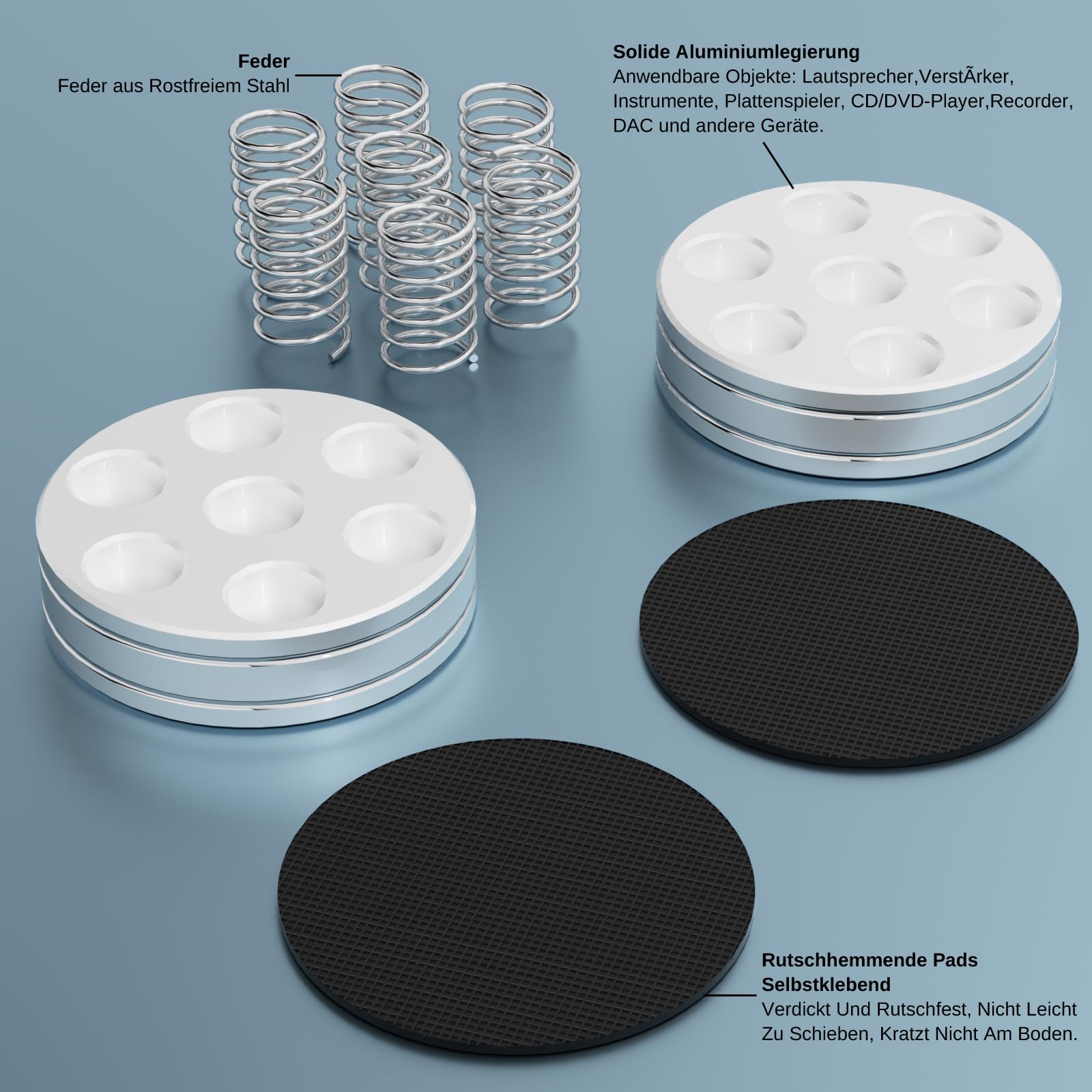 Monosaudio Lot de 4 pieds de haut-parleur HiFi - Pieds en aluminium - Amortisseur - Pieds d'isolation HiFi - Dessous de verre pour amplificateur, platine disque, caisson de basses (argent, SP4438)