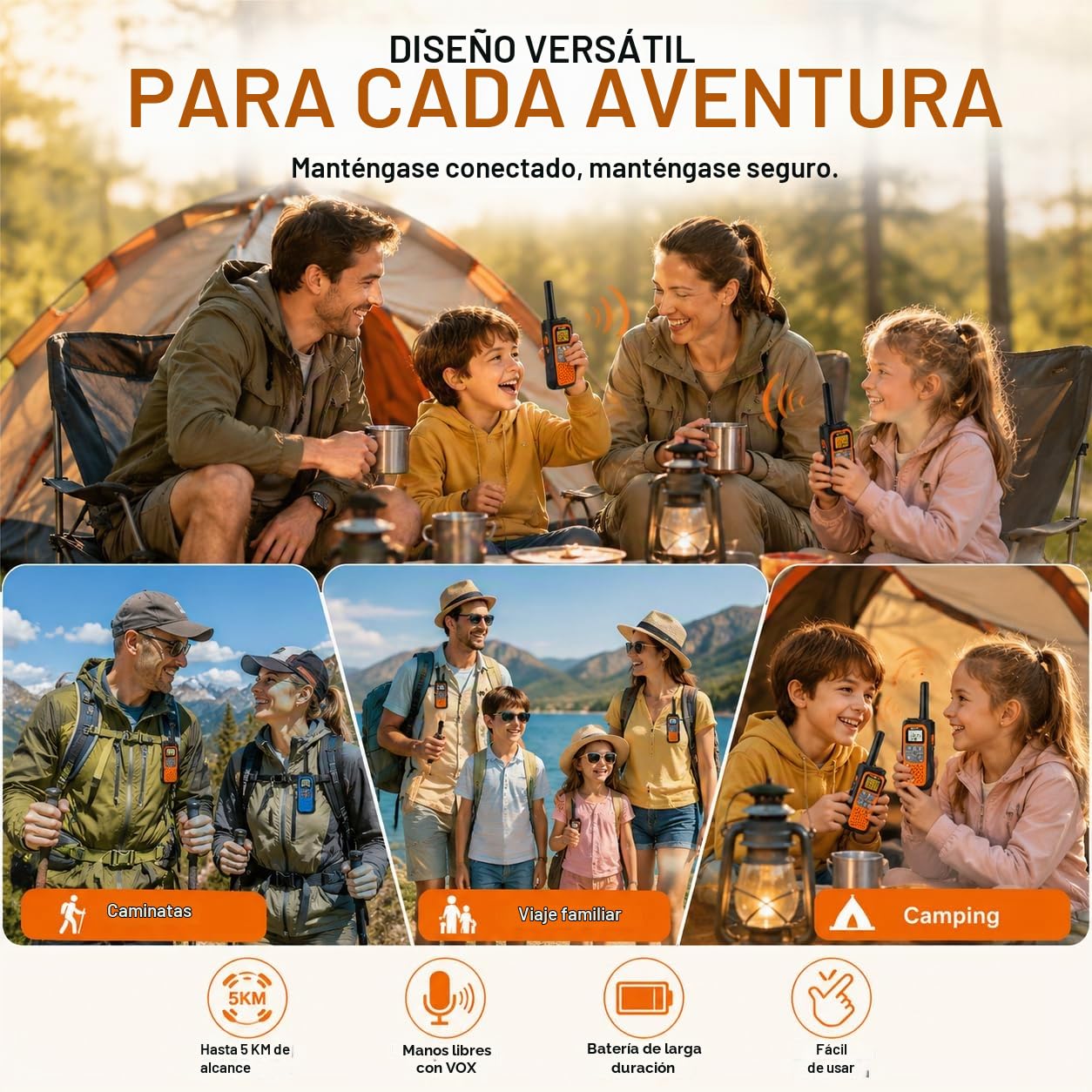 NXGKET Walkie Talkie Niños Recargable, 24 Horas de Tiempo de Trabajo, 5 km de Largo Alcance, 16 Canales, Función VOX, Walkie Talkies para Acampadas y Senderismo al Aire Libre, Paquete de 3