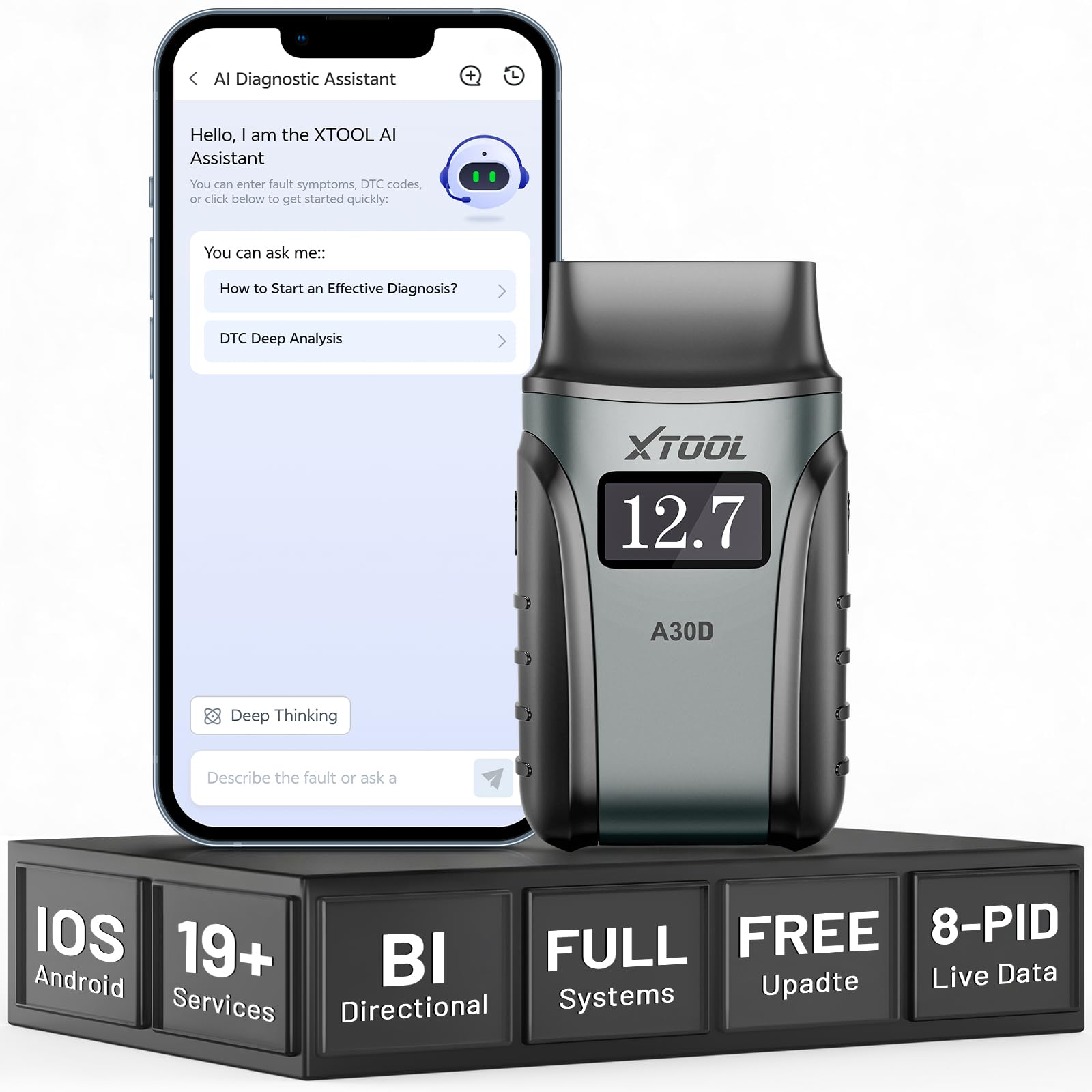 Xtool A30D V2.0 OBD2 Scanner Bluetooth, Bidirectional Diagnostic Tool with AI Assist, Full System, 19+ Resets, DPF EPB ABS Throttle, Voltage Display, Live Data, Lifetime Free Update for iPhone/Android