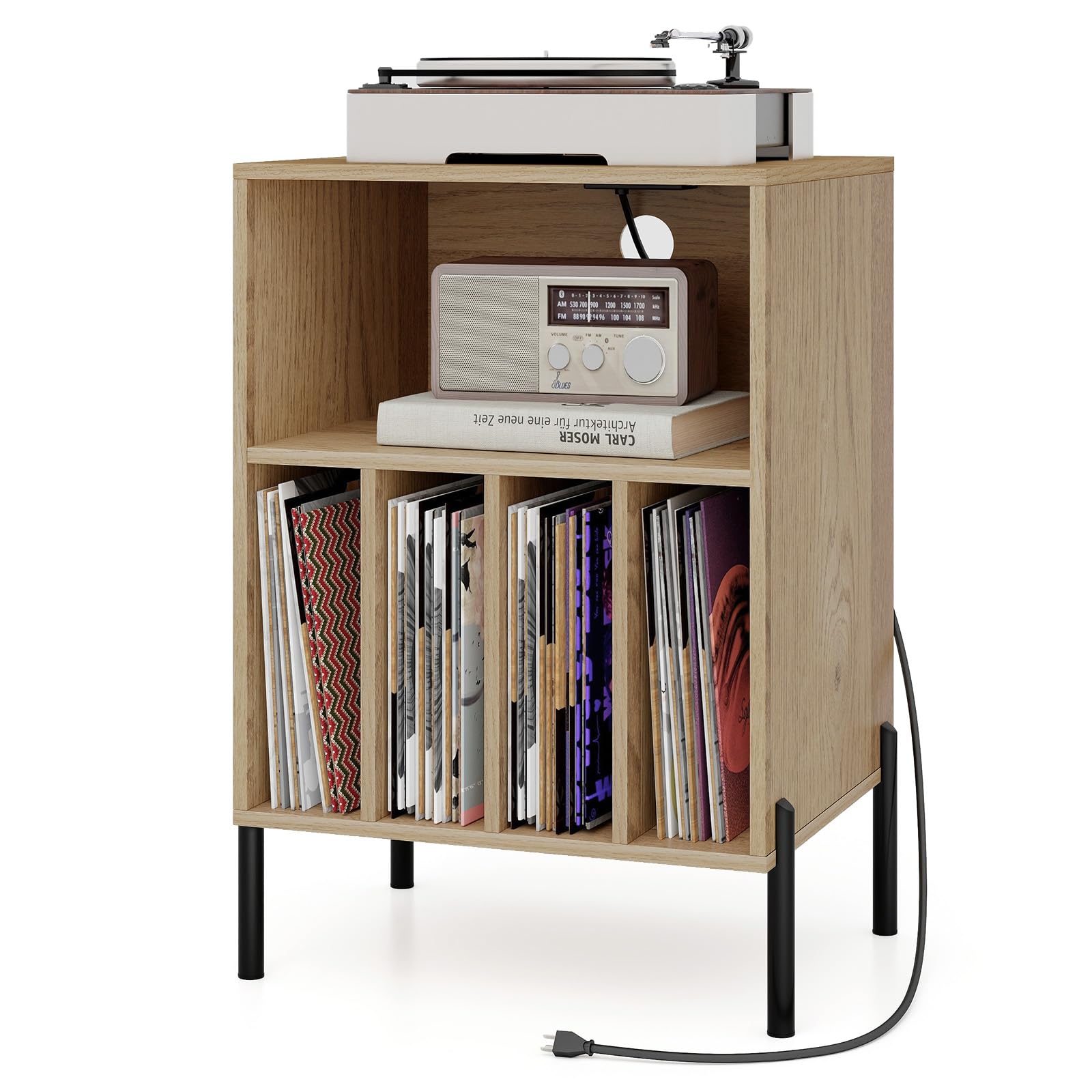 COSTWAY Meuble Tourne-Disque Vinyle avec Prise, Support Platine Vinyle pour 150 Albums, Station de Charge, 2 Ports USB, Ports Type-C, 4 Séparateurs, Bout de Canapé avec Compartiment (Naturel)