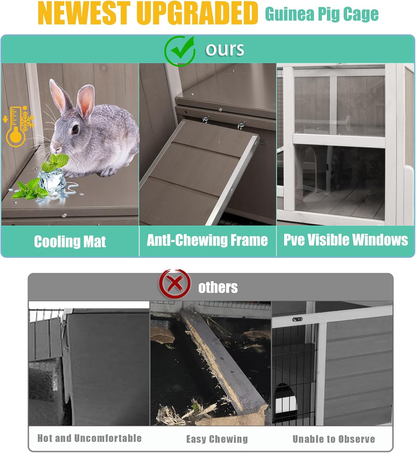 Rabbit Hutch Indoor, Wooden Bunny Hutch with Stand, Rabbit Cage Hutch with Ramp and Hideout, Small Animals Cage Habitat with Not Leakage Pull Out Tray