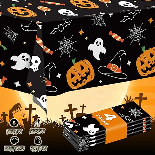 Miniatura 4 de Paquete de 4 manteles rectangulares de plástico con diseño de fantasma y calabaza de Halloween, 54 x 108 pulgadas, manteles de mesa de Halloween