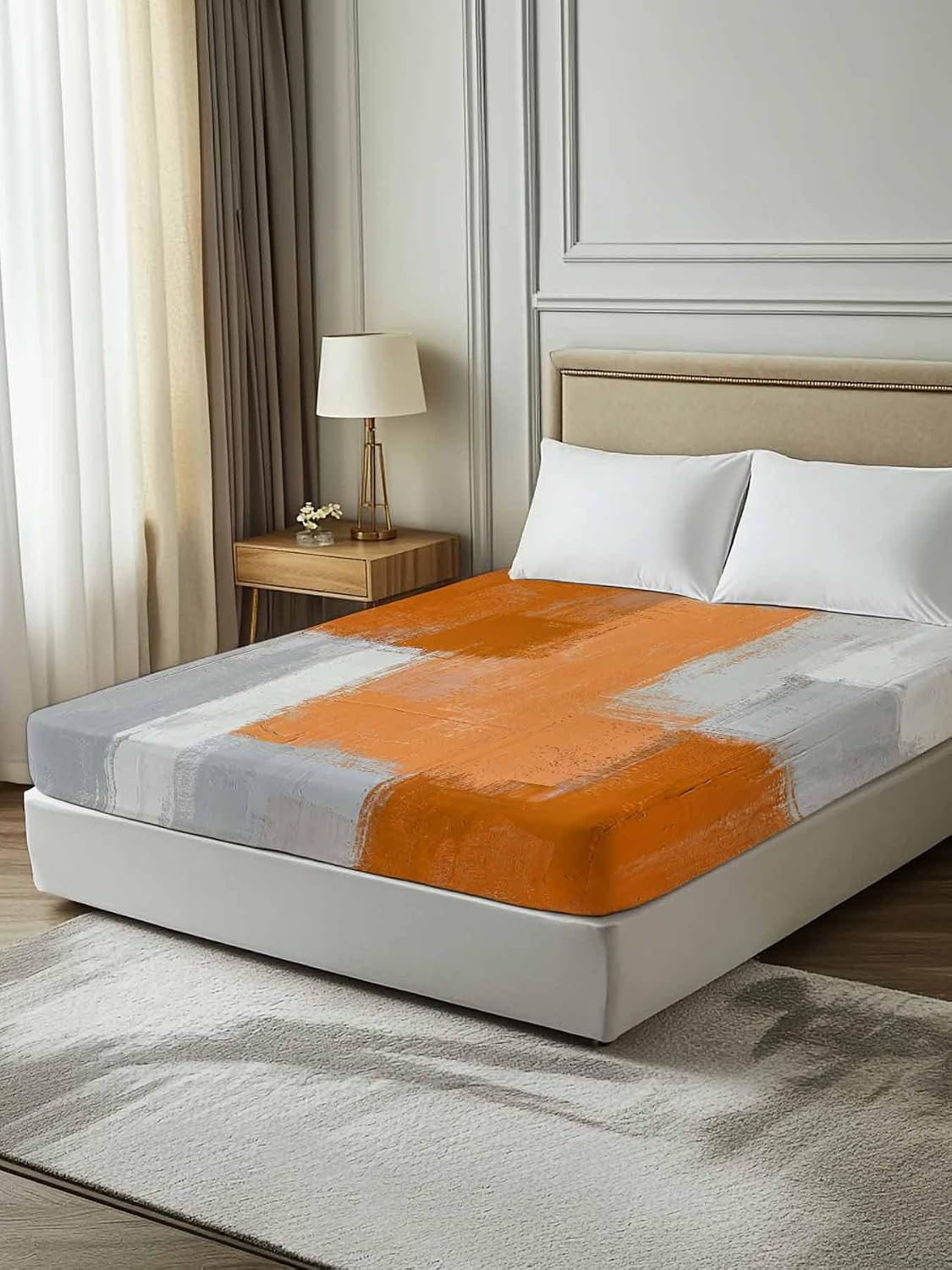 Top Sheet Full Bedding Flat Sheet Only, Abstract Orange Gray Color Block Microfiber Bed Sheets Soft Breathable Bedding Flat Sheets, Modern Oil Painting Texture Hotel Luxury Top Sheets