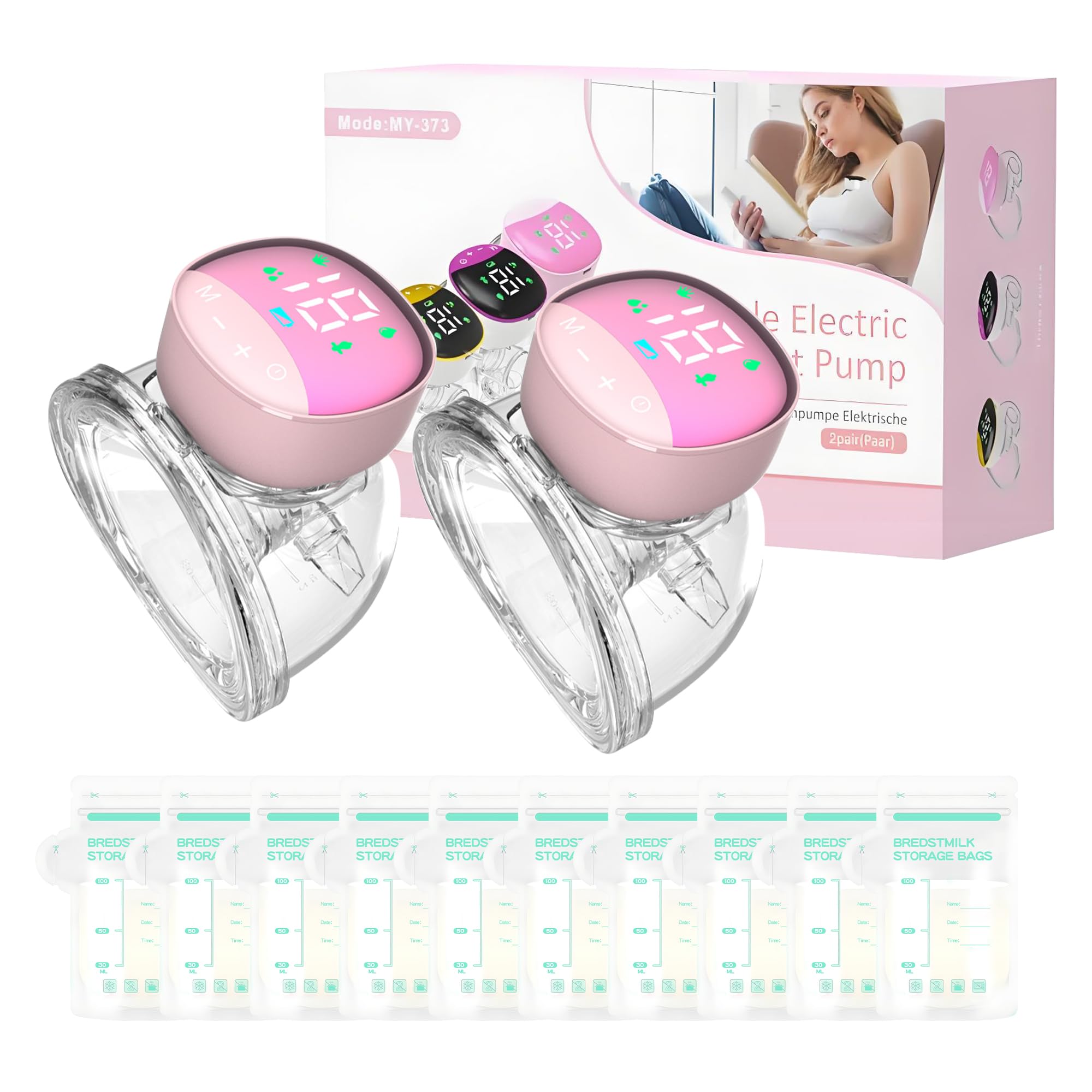 Tiralatte Elettrico Indossabile Portatile ，4 Modalità e 12 Livelli，Tiralatte Neonati Elettrico con Display LCD, Silenzioso Indolore,10 Sacchetti per la Conservazione del Latte Gratuiti (rosa(2pcs))
