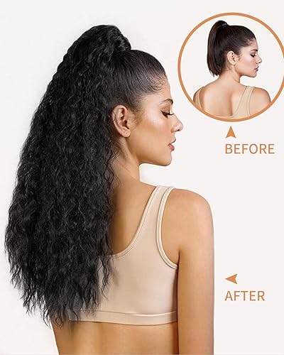Miniatura 3 de Extensiones de pelo largo para cola de caballo ondulado con cordón de 22 pulgadas, cabello sintético con cordón, para mujer