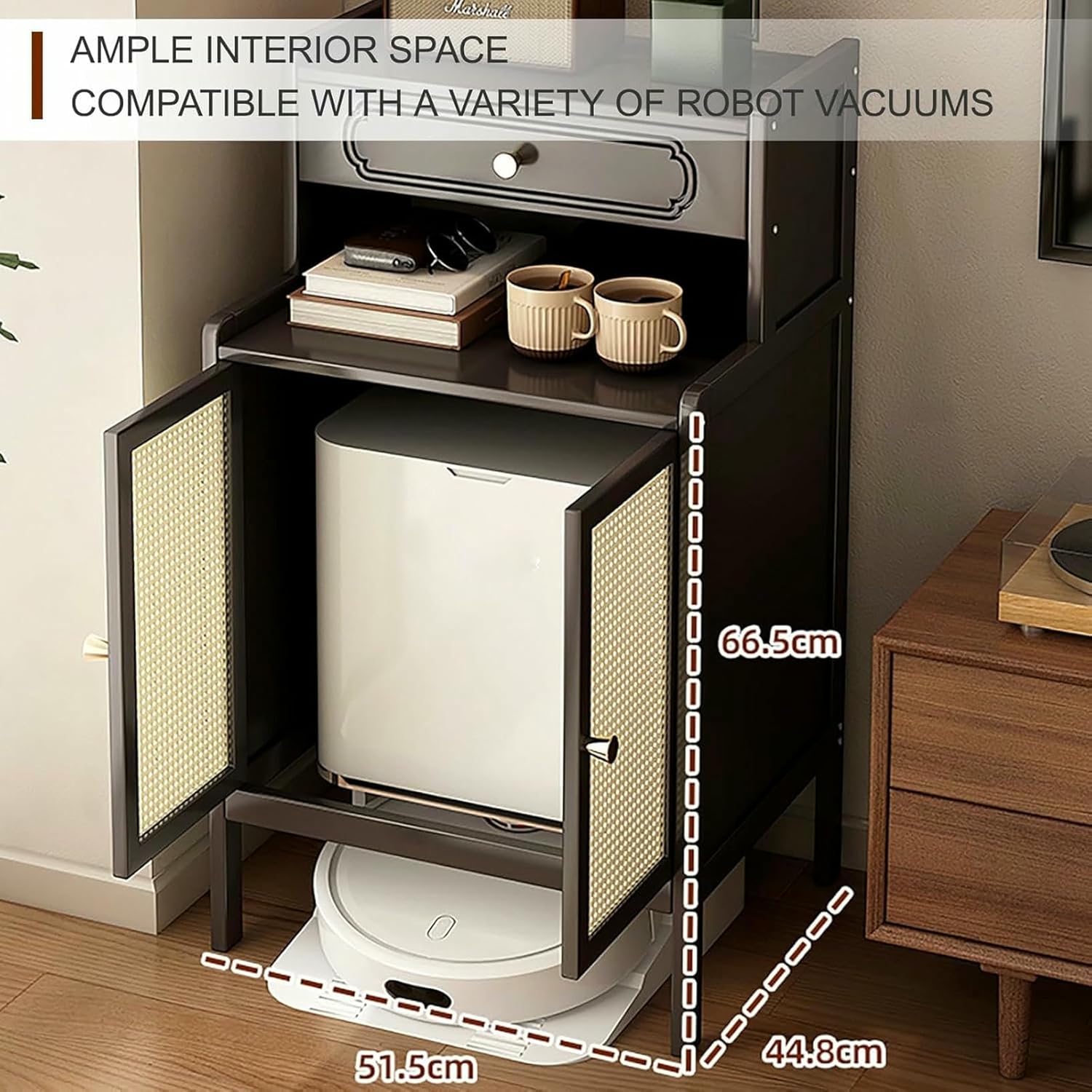 Bamboo Robot Vacuum Stand Cabinet Smart Floor Sweeper Hidden Storage Rack, Multi Tier End Table for Living Room Dining Room Kitchen Home Office