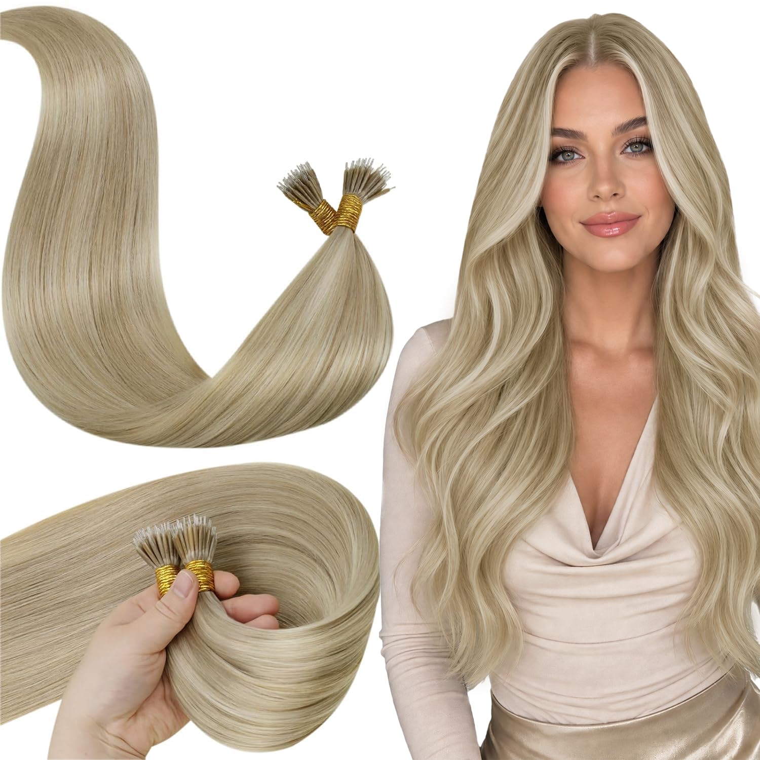 Nano Tip Hair Extensions Human Hair, Golden Blonde Highlight, 14 In