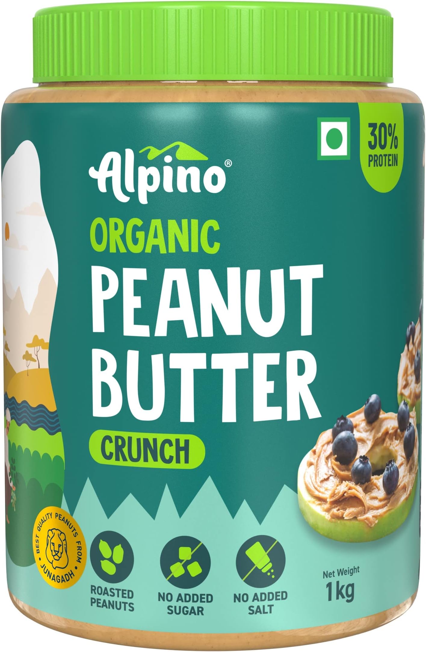 ALPINO Organic Natural Peanut Butter Crunch 1kg - 100% Roasted Organic Peanuts, 30g Protein, No Added Sugar & Salt, Gluten-Free, Plant-Based, Unsweetened | Seen on Shark Tank India