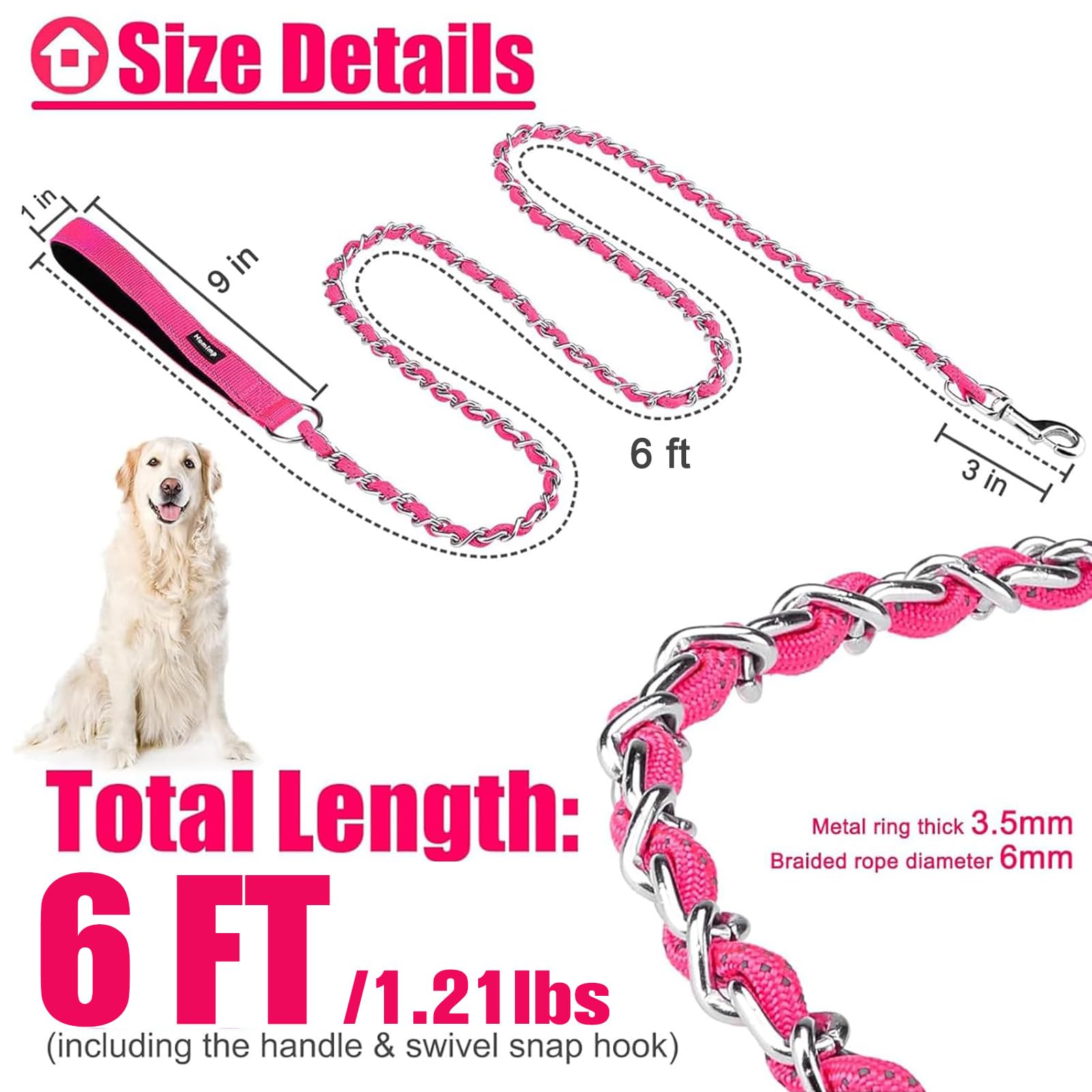 Homimp Chain Dog Leash for Medium Large Dogs Reflective 6 FT Chew Proof Heavy Duty Metal Leashes with Soft Padded Handle - Image 2