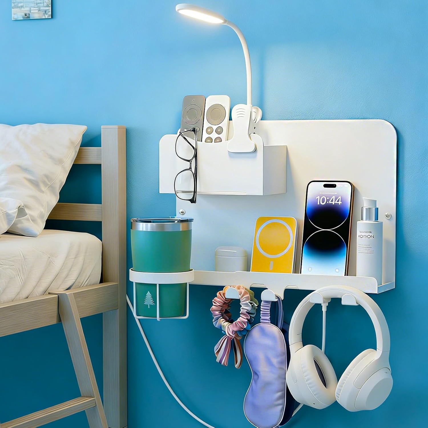 Floating Bedside Shelf & Bedside Wall Organizer, Metal with Detachable Cup Holder, No-Drill Wall Mounted Storage for Bedroom, Dorm, Teen Girls Room, Loft Bed, RV, Bunk Bed & Small Space Organization