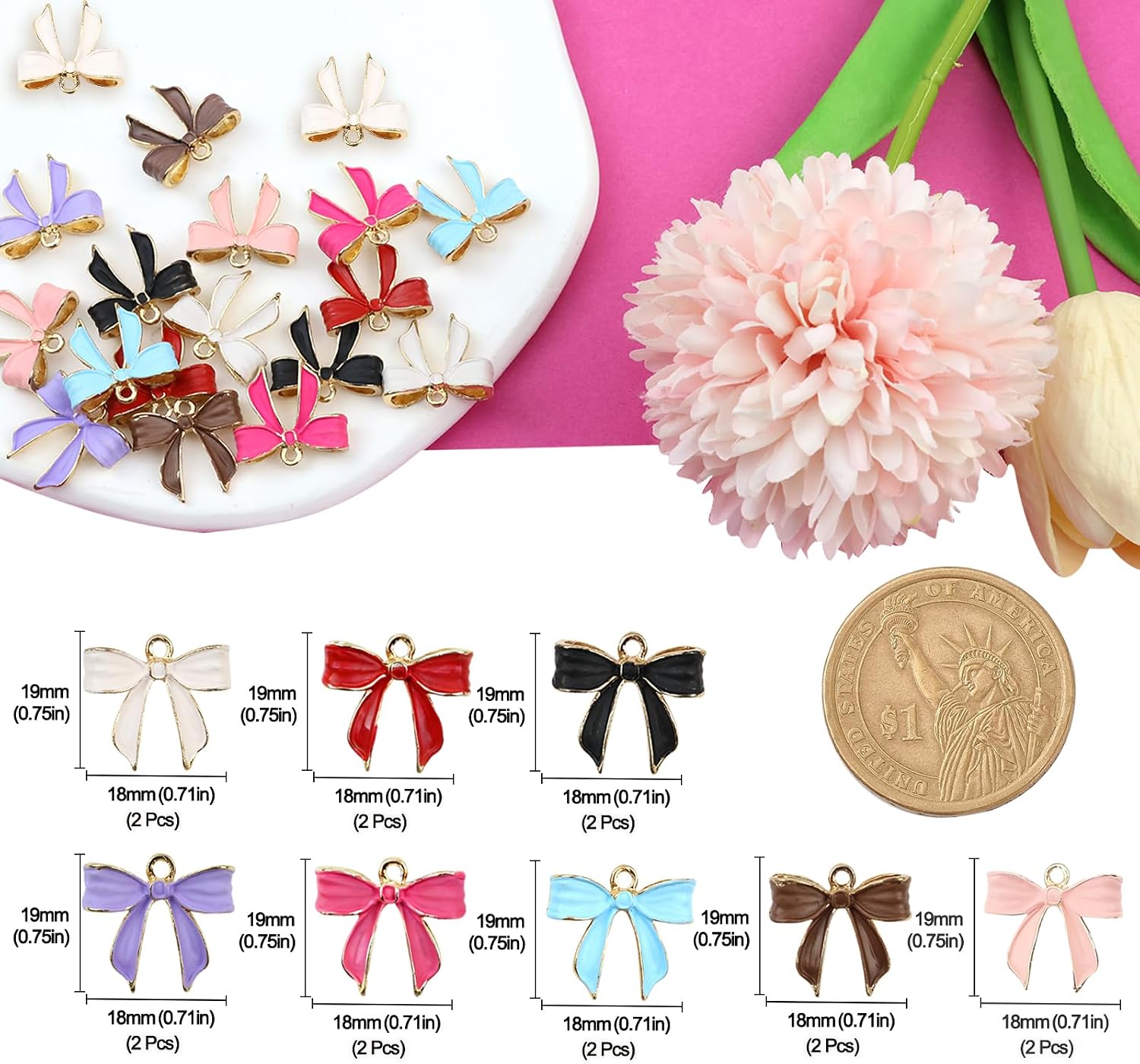 Cute Bow Charms for Bracelet Jewelry Making Supplies Colourful Bow Bracelet Keychain Charms Necklace Earring Bag Jewelry Making Charm Gold Metal Pendant Charm DIY Craft for Adults