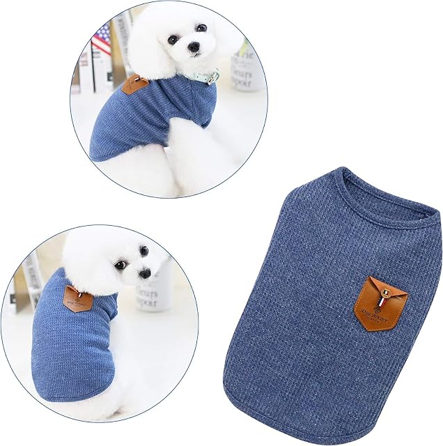 Foto 7 de 7 de YAODHAOD Camiseta Minimalista Para Perros, Ropa Para Perros, Azul y Gris, Algodón Para Mini Perros