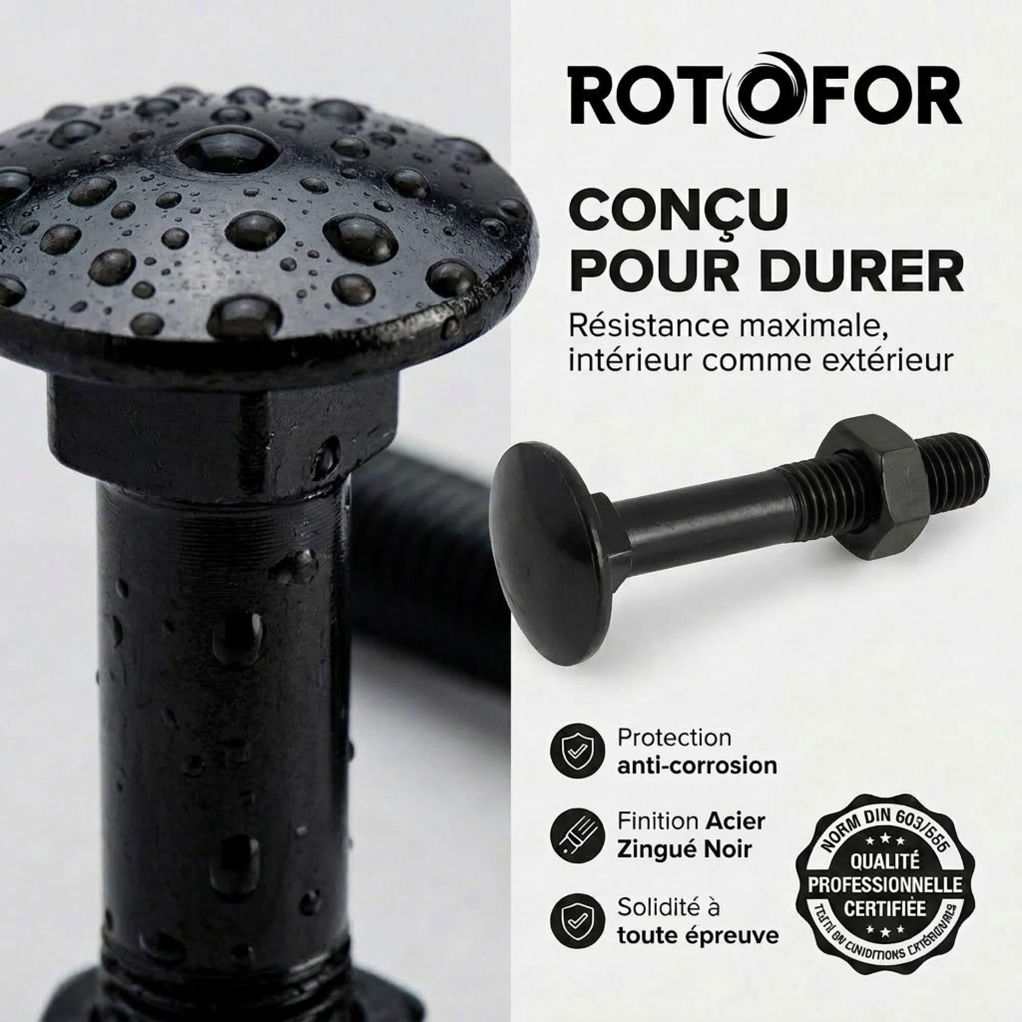 100 Boulons tête ronde collet carré DIN603/555 acier zingués Noir - diamètre 8 mm - Longueur 60 mm