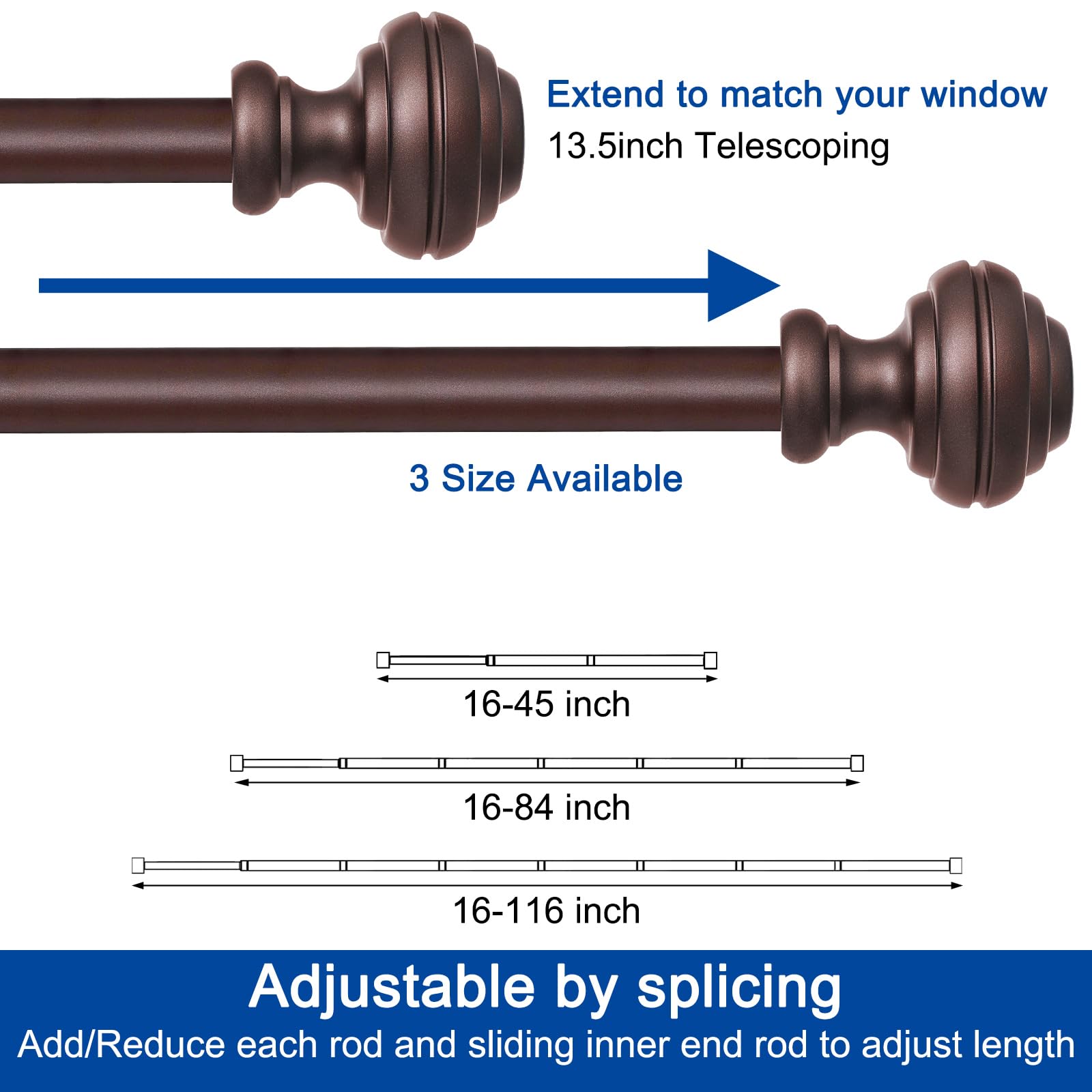 Bastoni per tende per finestre da 40,6 a 114,3 cm, 1,9 cm, resistenti