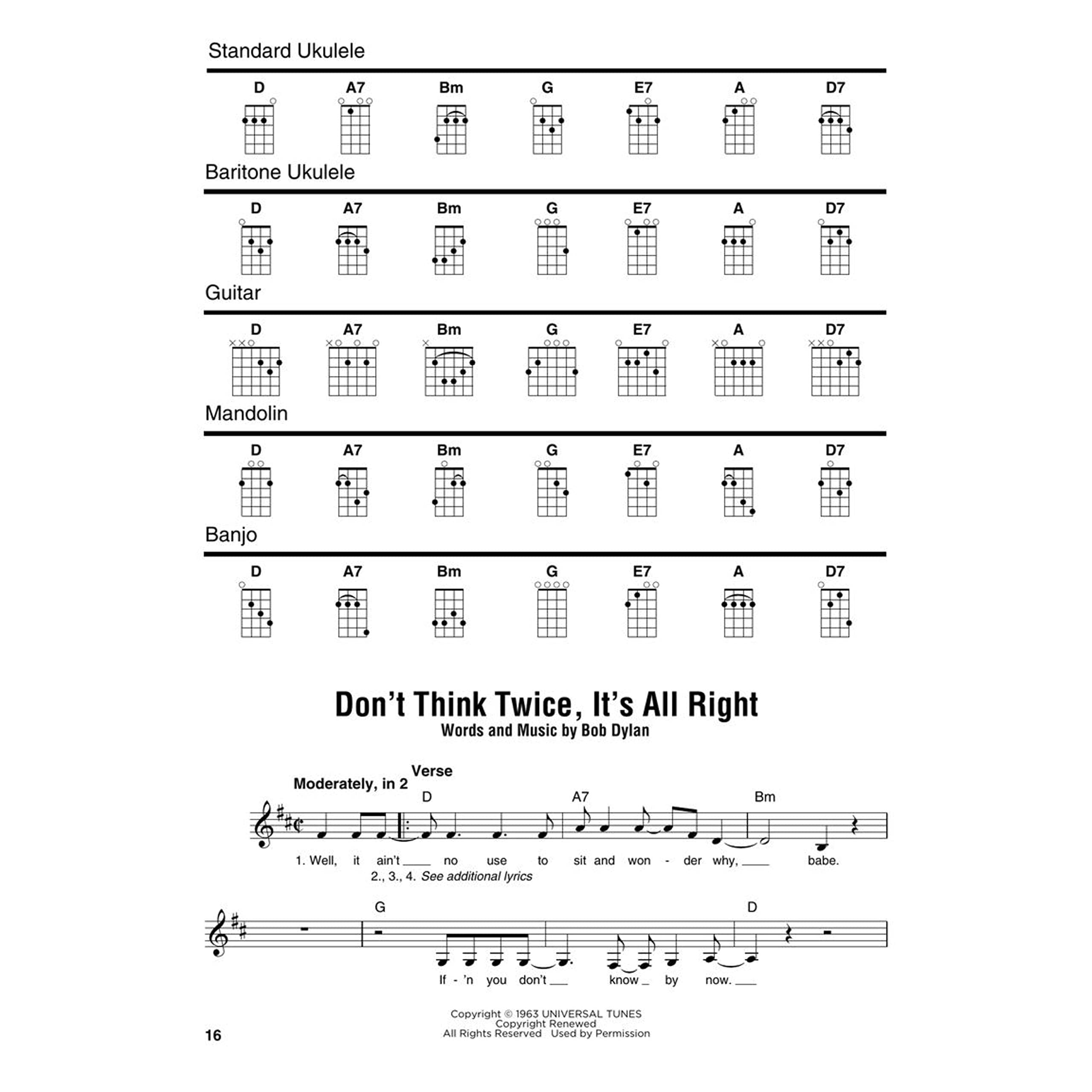 Bob Dylan: 47 Songs With Lyrics, Melody Lines, and Chord Frames for Standard Ukulele, Baritone Ukulele, Guitar, Mandolin, and Banjo