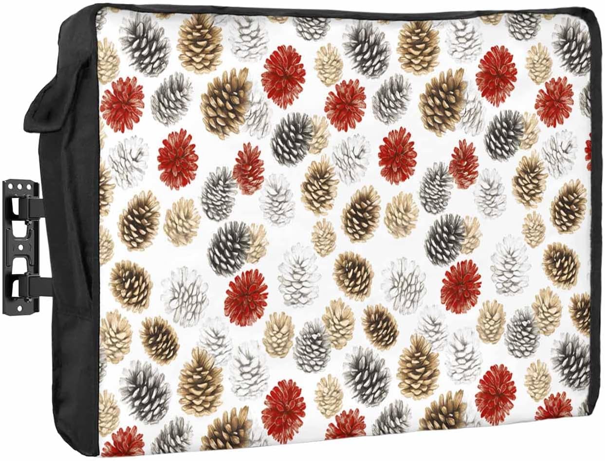 Christmas Red Yellow Pinecone Outdoor TV Cover 40"-43" - 600D Waterproof TV Cover Weatherproof TV Screen Protector Dustproof Winter Xmas Botanical Plants White TV Display Protector for Flat Screen TV