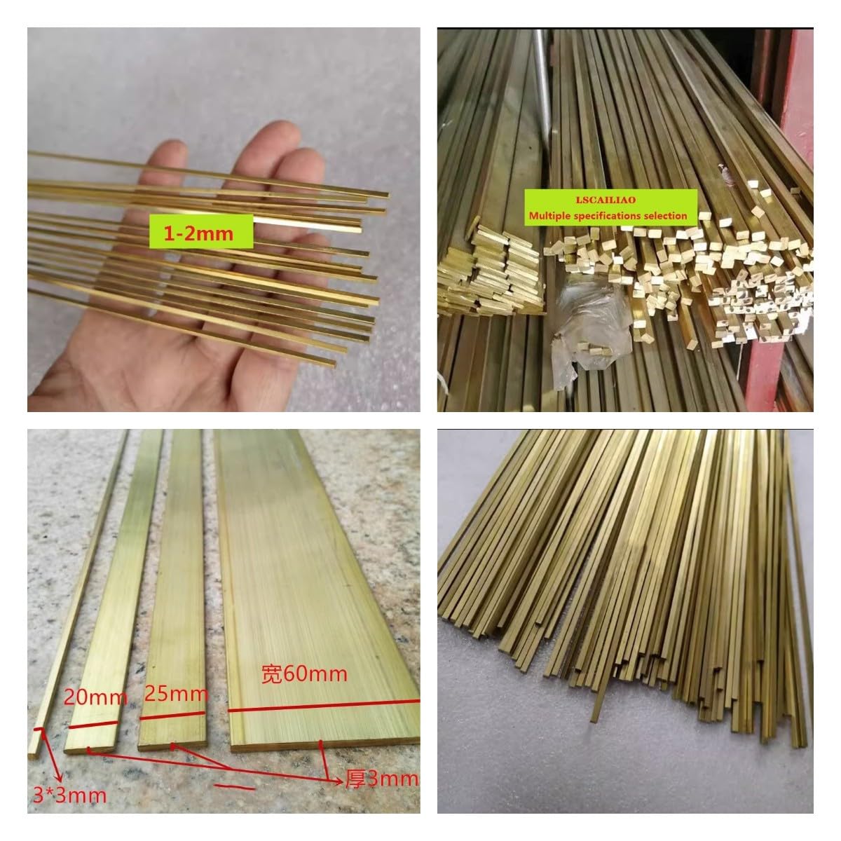 LSCAILIAO 2Pcs Brass Square Bar H59 - Metal Strip for Laboratory and Handmade, Length 500mm,1x1x500mm