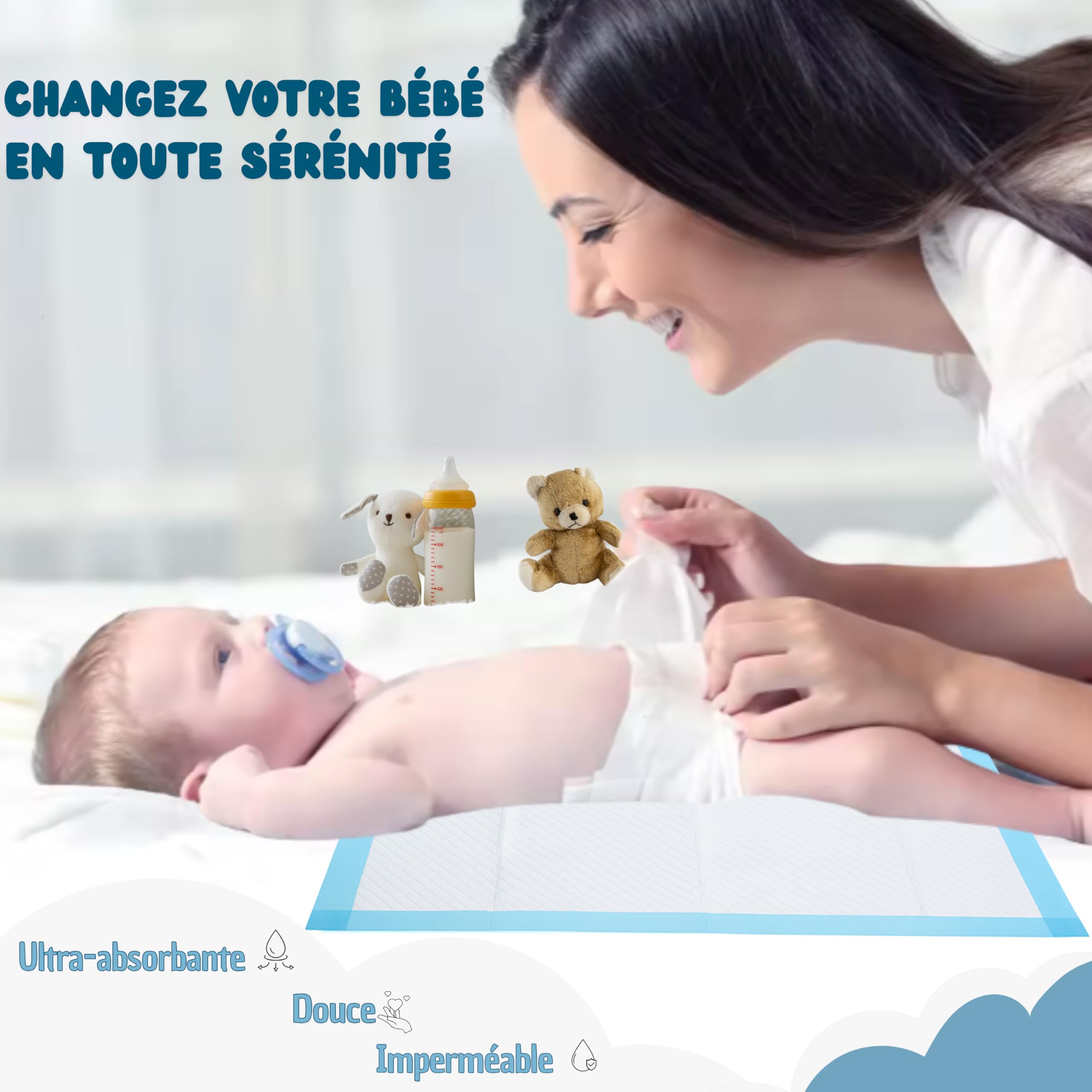 HA NOVA – Alèses jetables bébé 45x60 cm, matelas à langer bébé, Lot de 50 – Ultra absorbantes, imperméables et hypoallergéniques – Protection lit bébé, table à langer et poussette