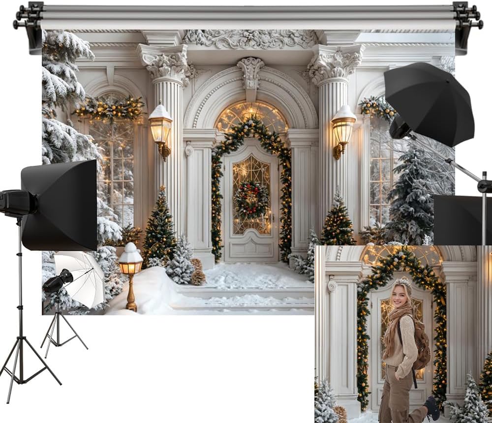 Kate 7x5ft/2.2x1.5m Christmas Backdrop Doorway Xmas Tree Snowy Scene Photo Background Photography Studio Props