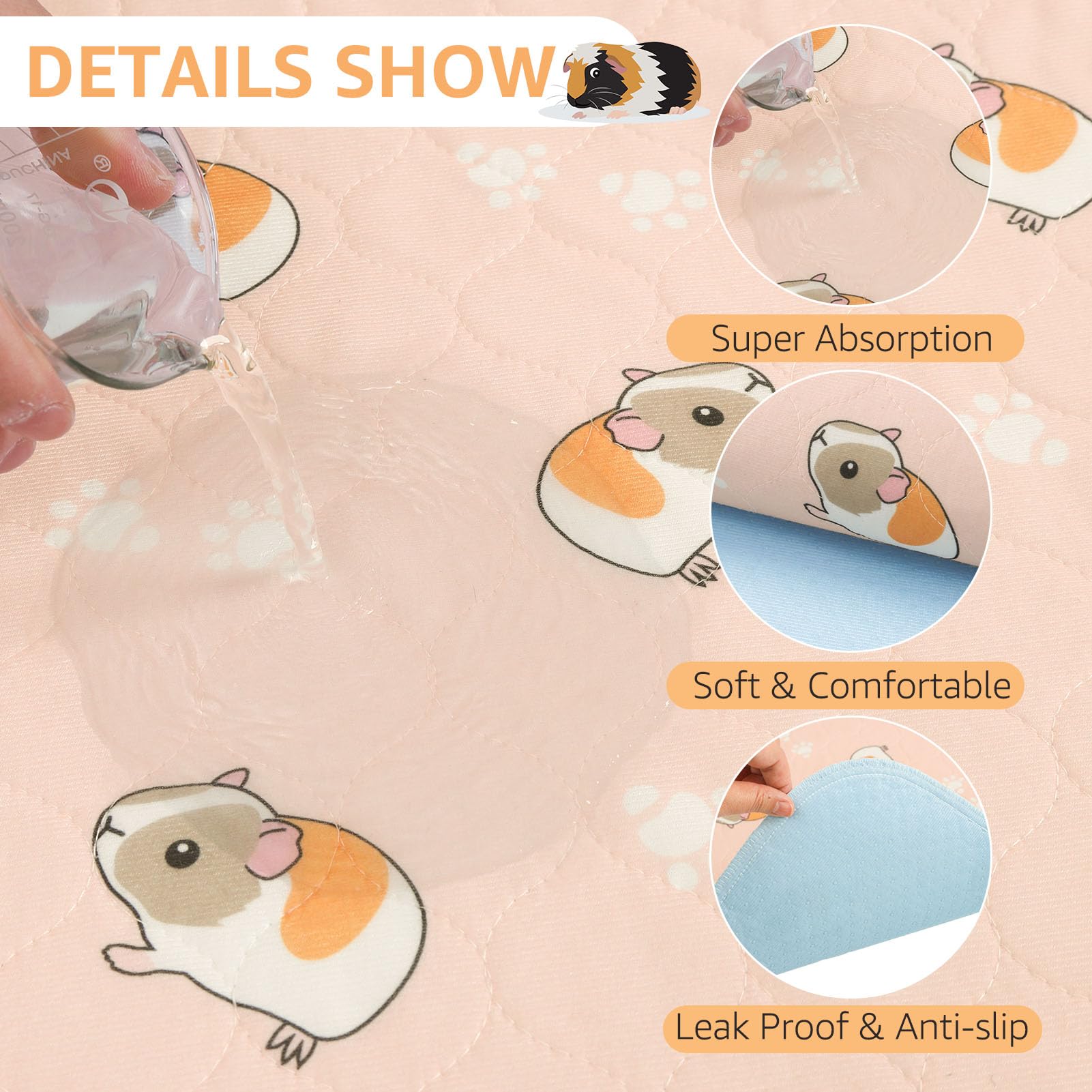 Scenereal Guinea Pig Cage Liner 2 Packs with Cleaning Brush, Fast Water Absorption Reusable Washable Pee Pads - Image 4