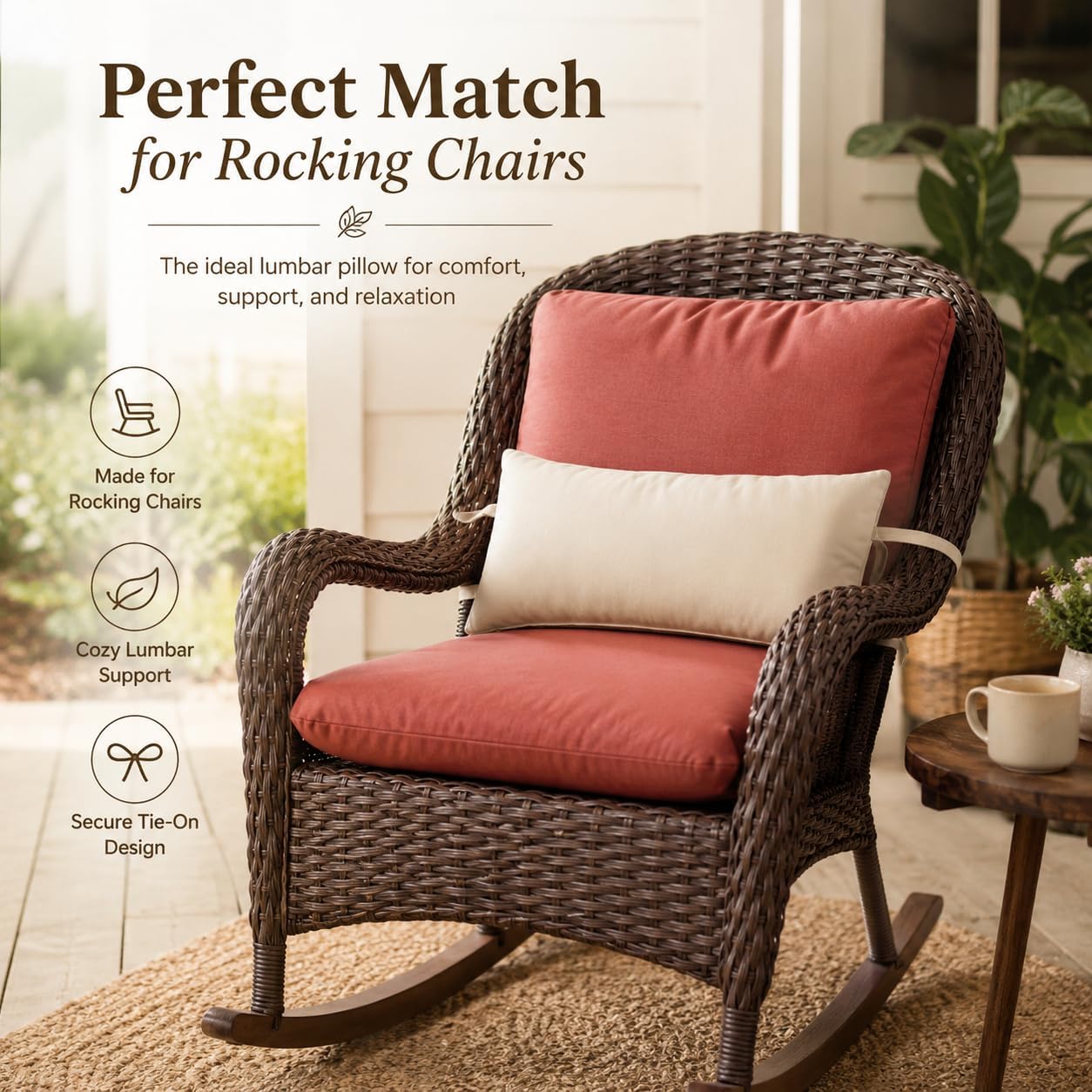 Tie-On Lumbar Pillow for Rocking Chair, Soft Replacement Back Support Cushion with Straps for Rattan Chair, Patio Chair, Papasan Chair and Lounge Chair, White