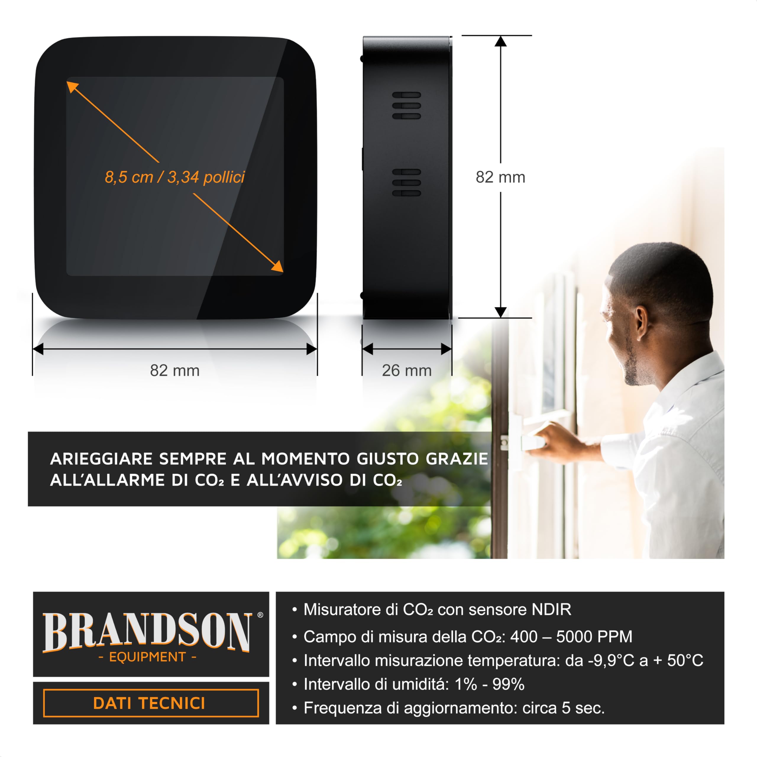 Brandson - Misuratore di CO2 misurazione dell'anidride carbonica PPM - Allarme - Sveglia con Funzione Snooze - Temperatura, Ora, umidità - Batteria Ricaricabile Integrata - Nero