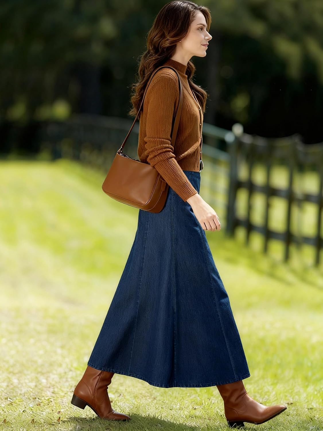 yoeasy Women's Vintage Denim Maxi Skirt Casual High Waist Flowy Swing A-Line Long Jean Skirt