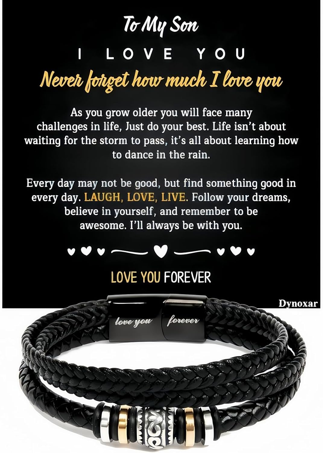 Dynoxar Bracelets For Men,Men's Black Braided Leather Bracelet, Stainless Steel Engraved Love You Forever Jewelry, Perfect or Dad, Husband, Son, Grandson, Nephew,Comes With Message Card And Gifts Box