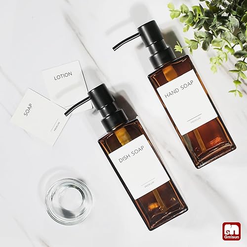 Miniatura 6 de GMISUN Dispensador de jabón de vidrio ámbar, paquete de 2 dispensadores de jabón de manos para baño, dispensador de platos de 12 fl oz11.8 fl oz