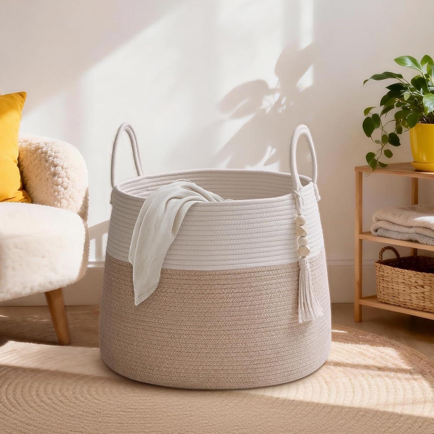 Large Nursery Hamper, 60L Blanket Basket with Handle, Baby Laundry Basket for Gift, Toy, Clothes, Woven Storage Basket with Wooden Bead Decor, Baby Hamper for Nursery(Brown)