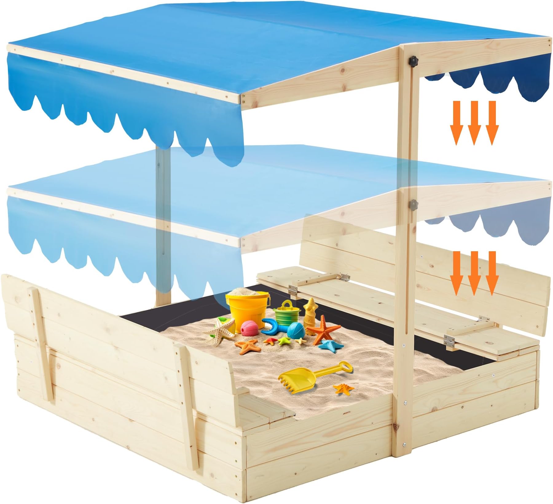 YOLENY Sandbox with Lid,Kids Sandbox with Cover Outdoor,Wooden Sand Box with 2 Foldable Bench Seats for Ages 2-8, Adjustable UV-Resistant Roof & Bottom Liner for Backyard,Beach