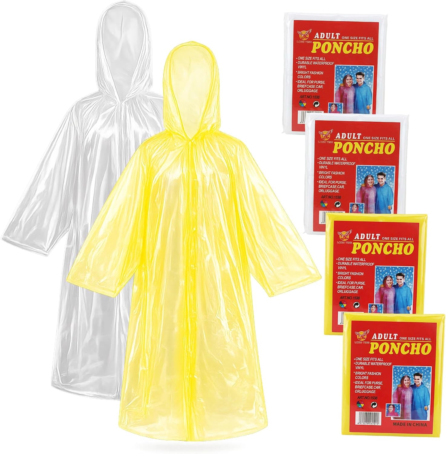 4-Pack Disposable Rain Ponchos for Adults - Long Emergency Poncho Rain Poncho for Camping Hiking Travelling, Waterproof Hooded Raincoat for Women & Men, Home Survival Kits