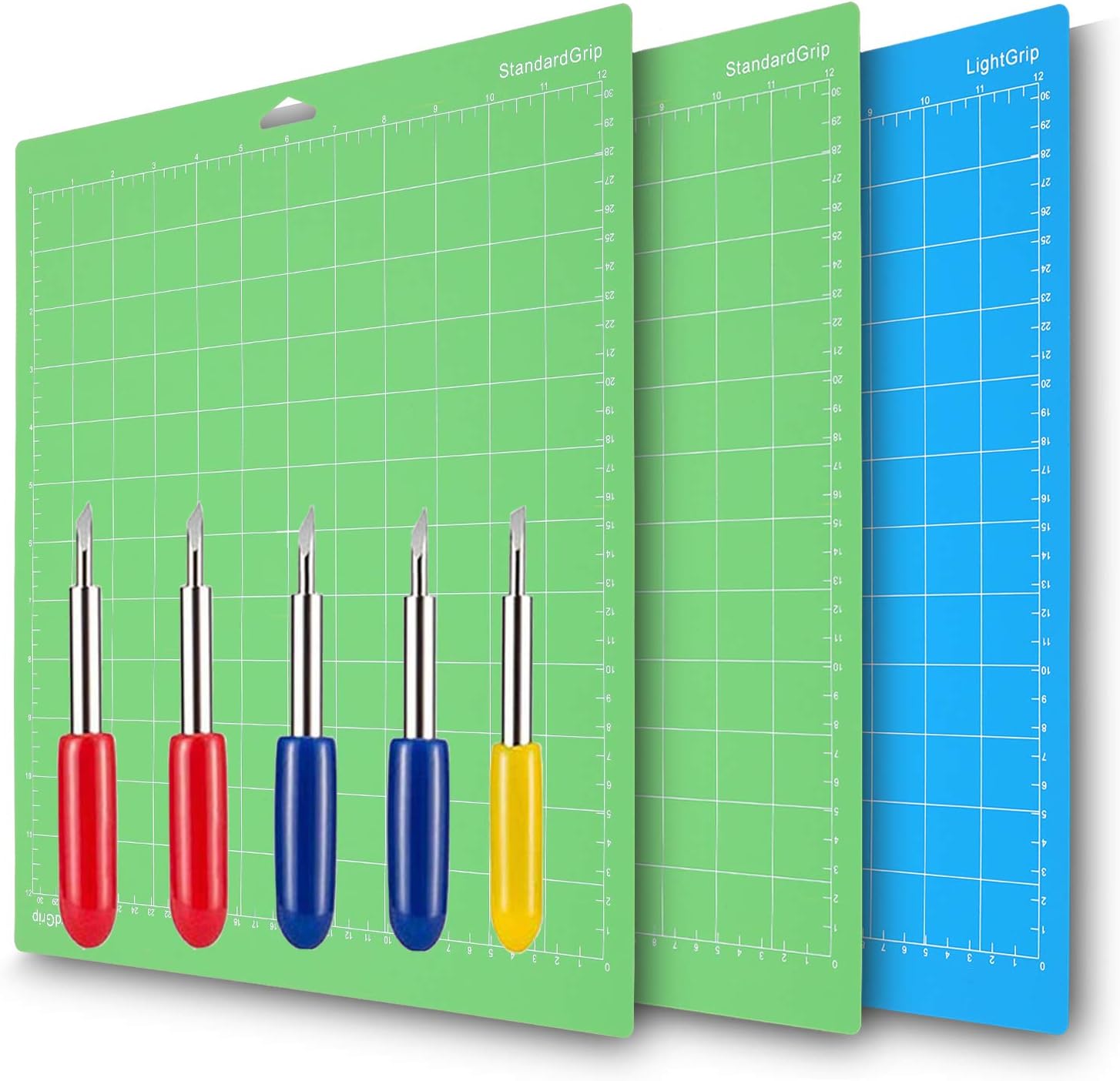 Flymmy 12x12 Variety Mats for Cricut Explore Air 2/Air/One/Maker with 5PCS Blades StandardGrip/LightGrip Multiple Adhesive Sticky Green Blue Cricket Cutting Mats for Cricut 3 Pack